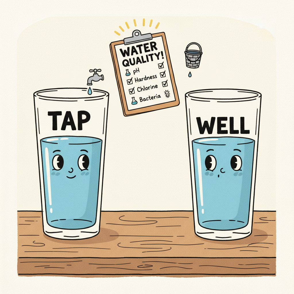 Two glasses labeled “Tap” and “Well” with a simple testing checklist.