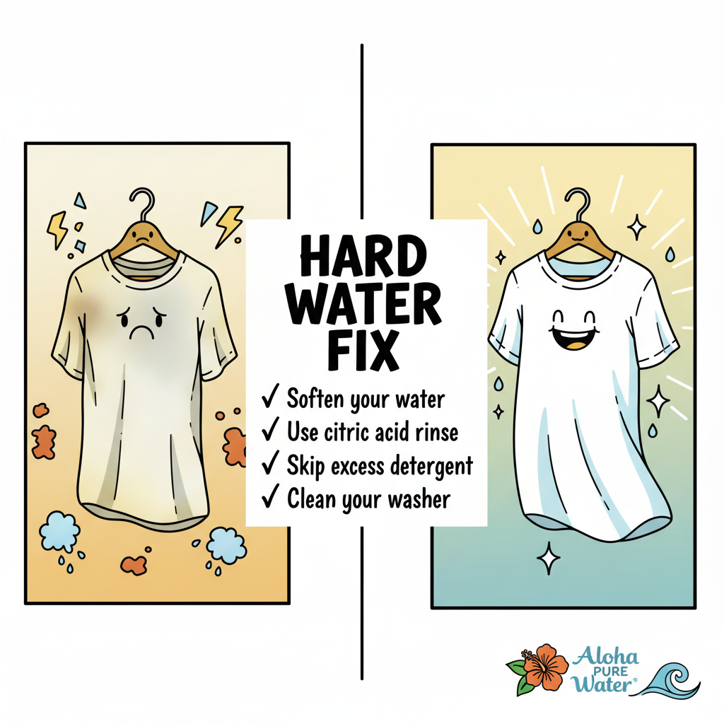 Dull white T-shirt next to bright white with hard-water fix list.