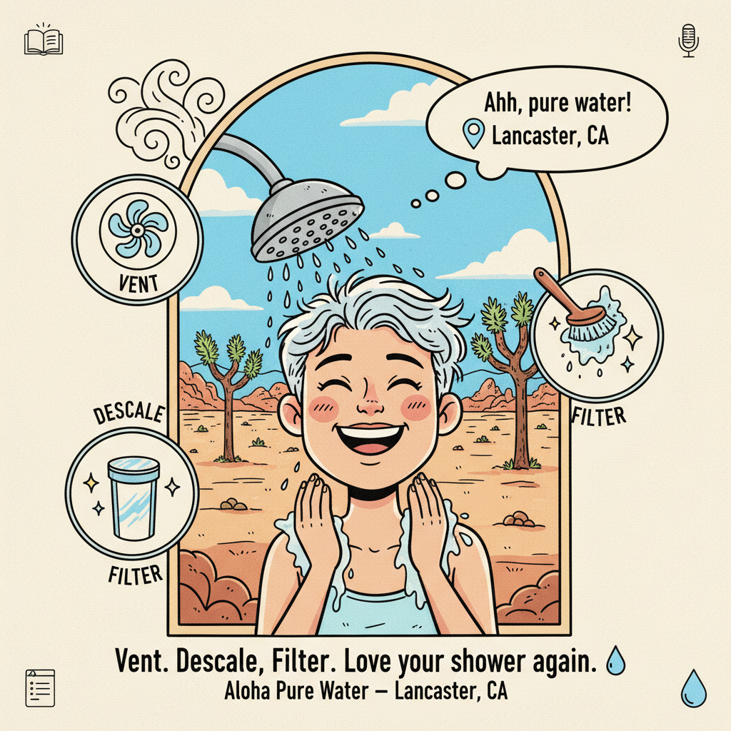 Steamy shower with “vent + descale + filter”