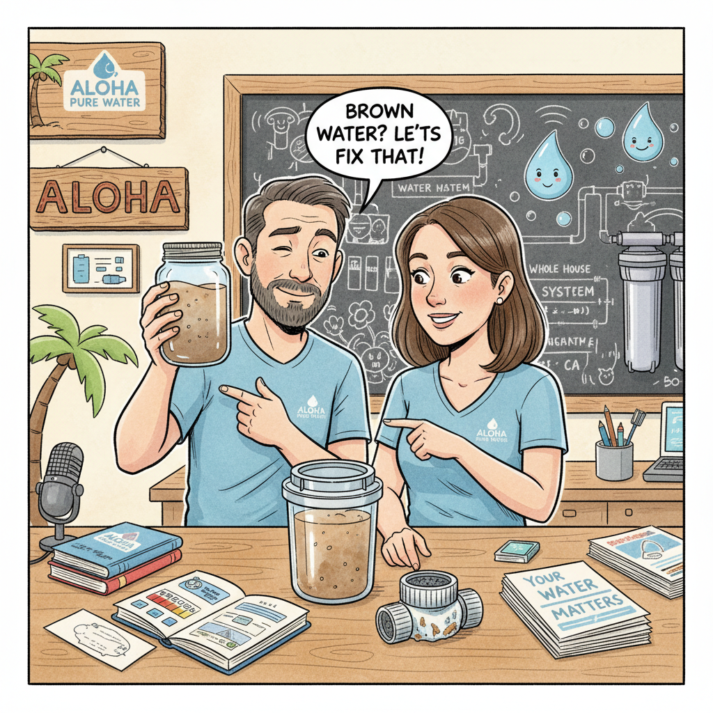 Mason jar of brown water with “flush + aerator + test” checklist.