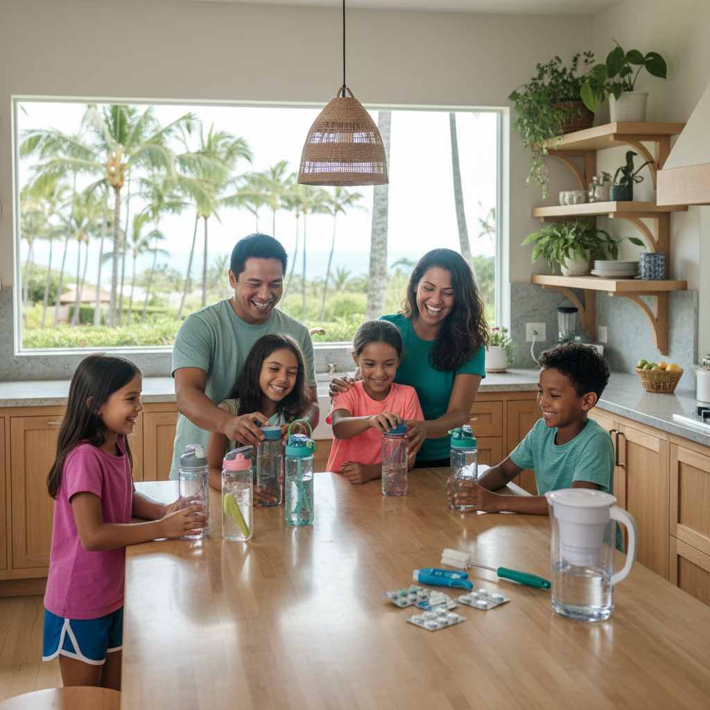 Kids sports bottle with “filtered water + brush + tablets”