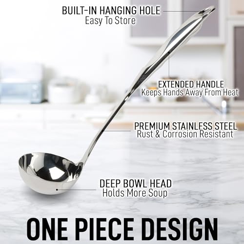 Zulay Kitchen Stainless Steel Soup Ladle - 13” Large Ladle for Soups, Stews & Sauces - Durable, Heat-Resistant, Rust-Proof & Dishwasher Safe Kitchen Utensil with Ergonomic Handle