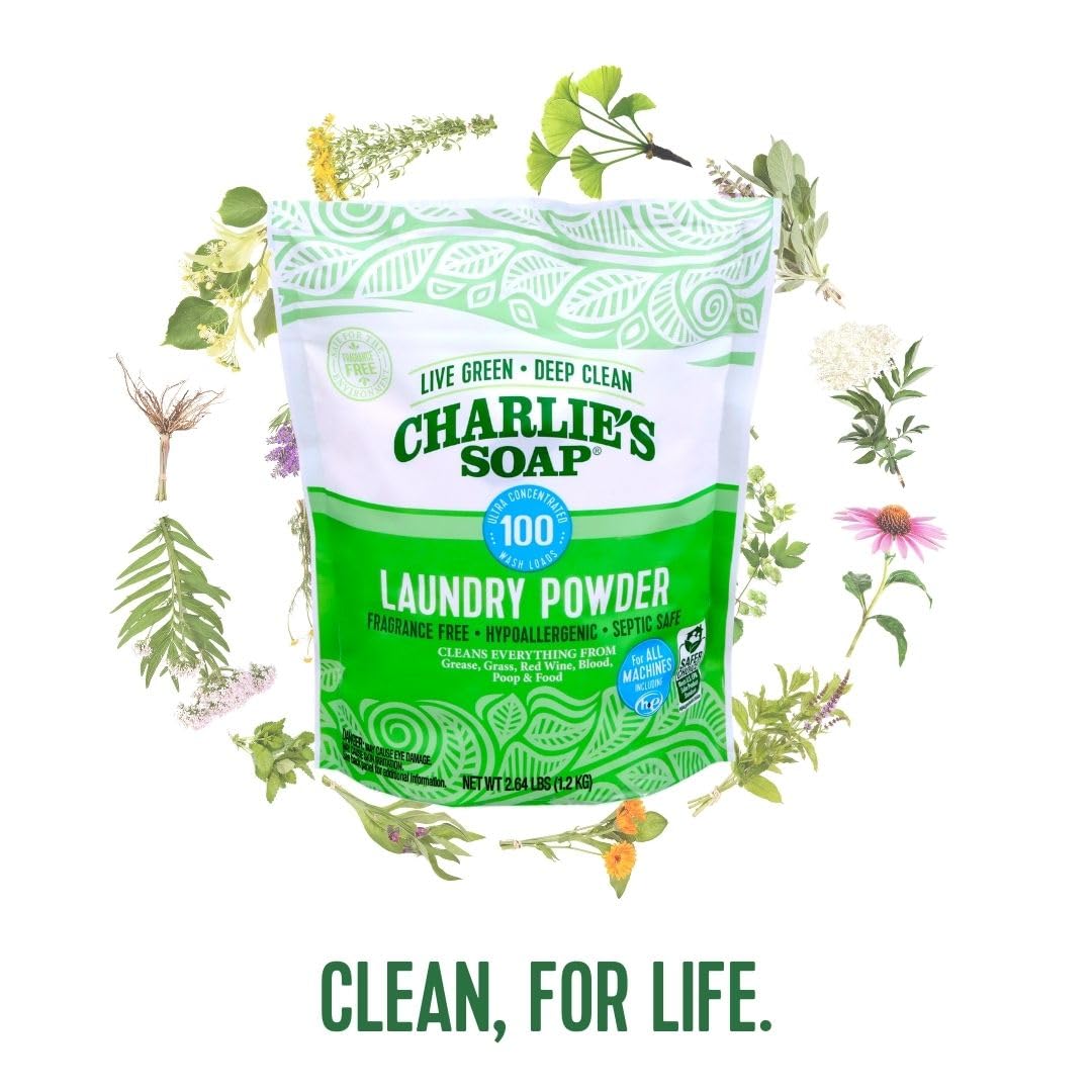 Charlie’s Soap Laundry Powder (100 Loads, 1 Pack) Fragrance Free Hypoallergenic Deep Cleaning Laundry Powder – Biodegradable Eco Friendly Sustainable Laundry Detergent