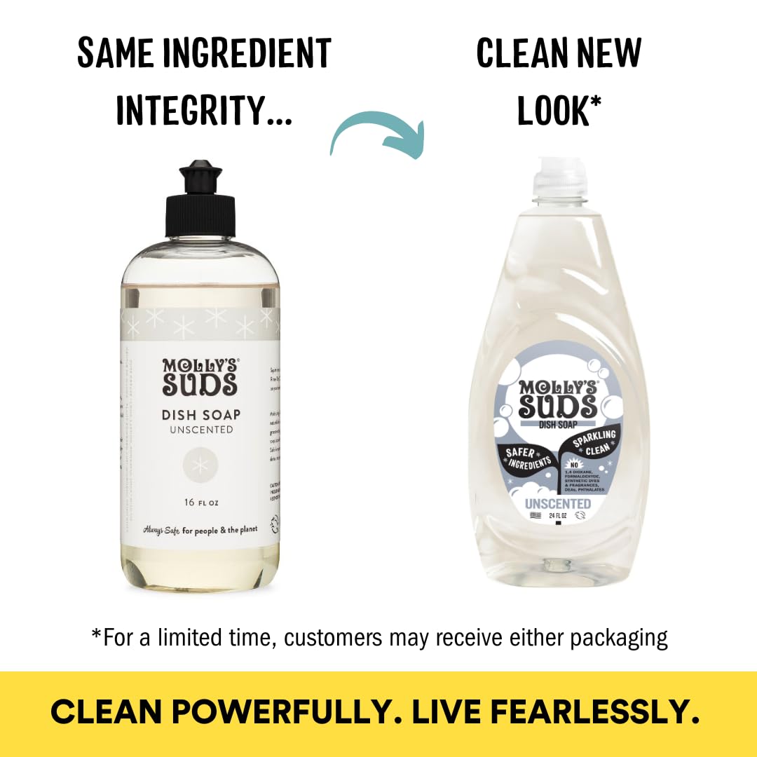 Molly's Suds Liquid Dish Soap | Clean, Simple Ingredients | Extra Scrubbing Power | Unscented, 24 oz - 2 Pack