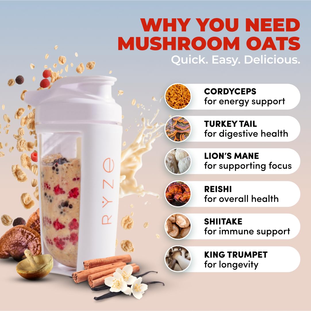 RYZE SUPERFOODS Mushroom Protein Overnight Oats, Oatmeal with 6 Adaptogenic Mushrooms and 20g Grass-Fed Whey Protein & Chia Seeds, Lions Mane, Turkey Tail, Shiitake, Reishi, Healthy Breakfast. 14 Servings.