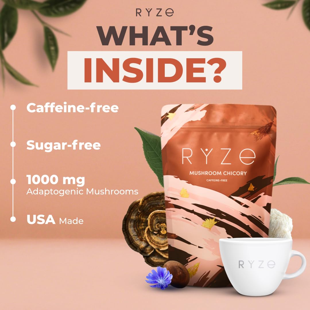 RYZE SUPERFOODS Mushroom Chicory with 6 Organic Adaptogenic Mushrooms, Keto Decaf Coffee with Chicory Root for Energy, Focus, Digestion, Immunity with Lions Mane, Turkey Tail, Shiitake, 30 servings