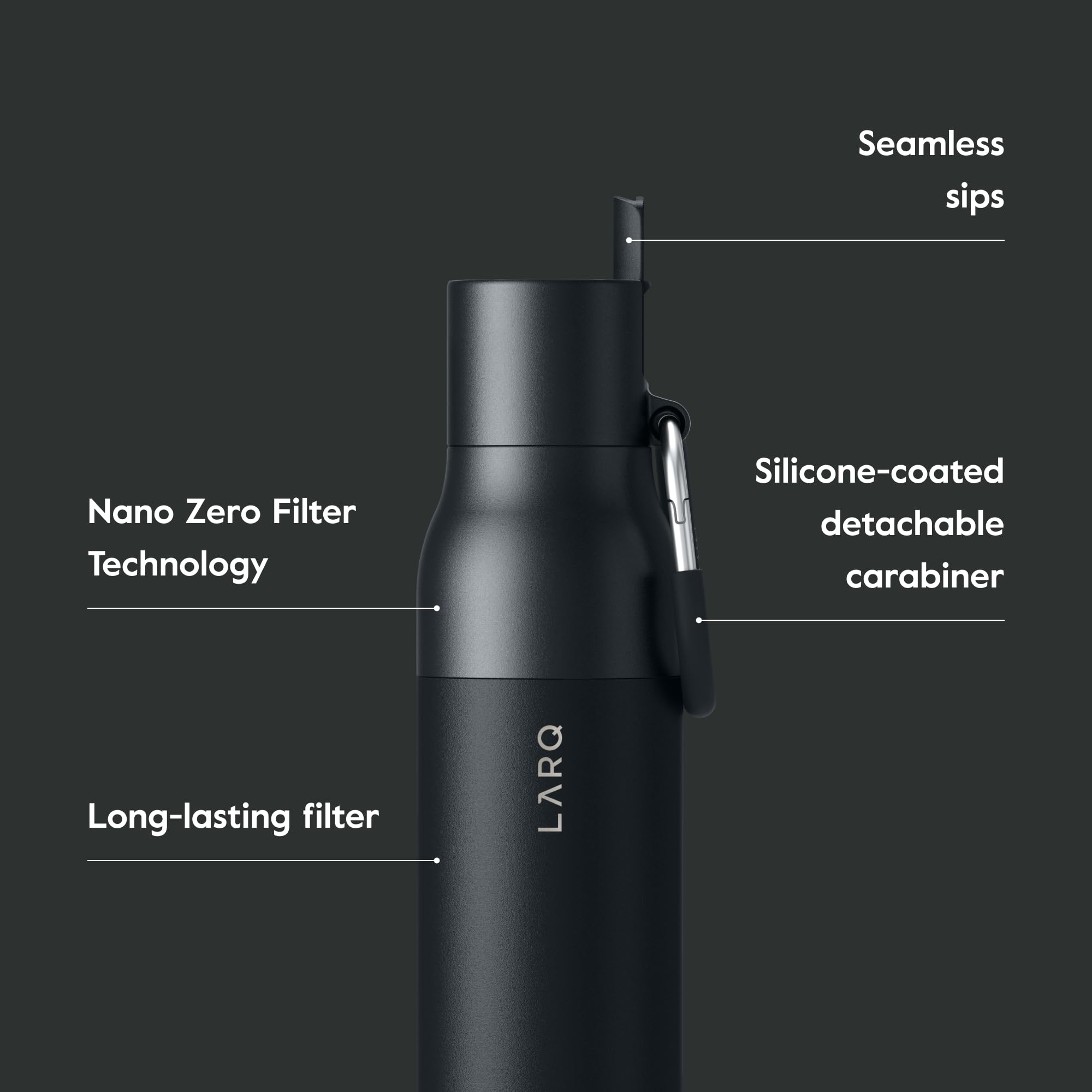 LARQ Bottle Filtered - Insulated Stainless Steel Water Bottle BPA Free with Nano Zero Technology and Long-Lasting Filters, Obsidian Black, 25oz