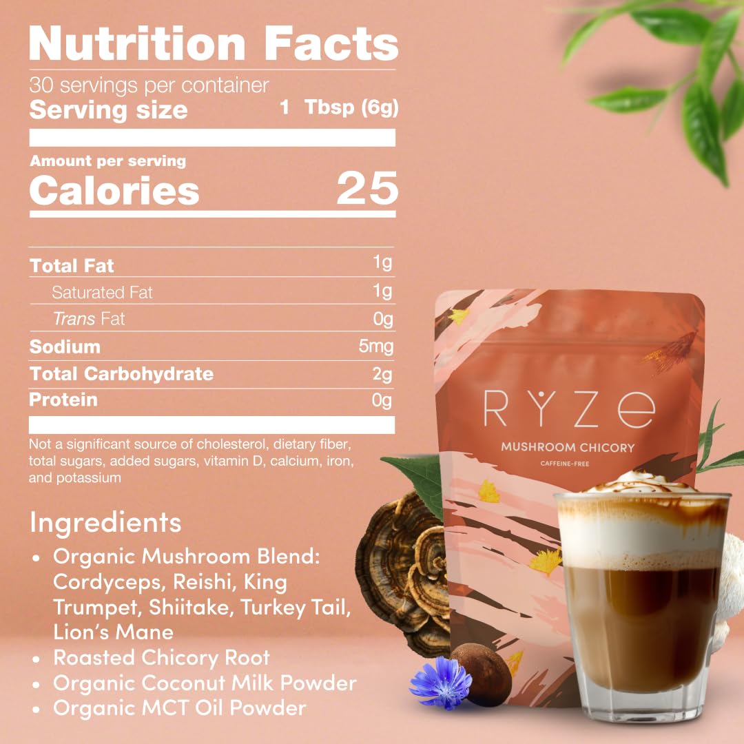 RYZE SUPERFOODS Mushroom Chicory with 6 Organic Adaptogenic Mushrooms, Keto Decaf Coffee with Chicory Root for Energy, Focus, Digestion, Immunity with Lions Mane, Turkey Tail, Shiitake, 30 servings