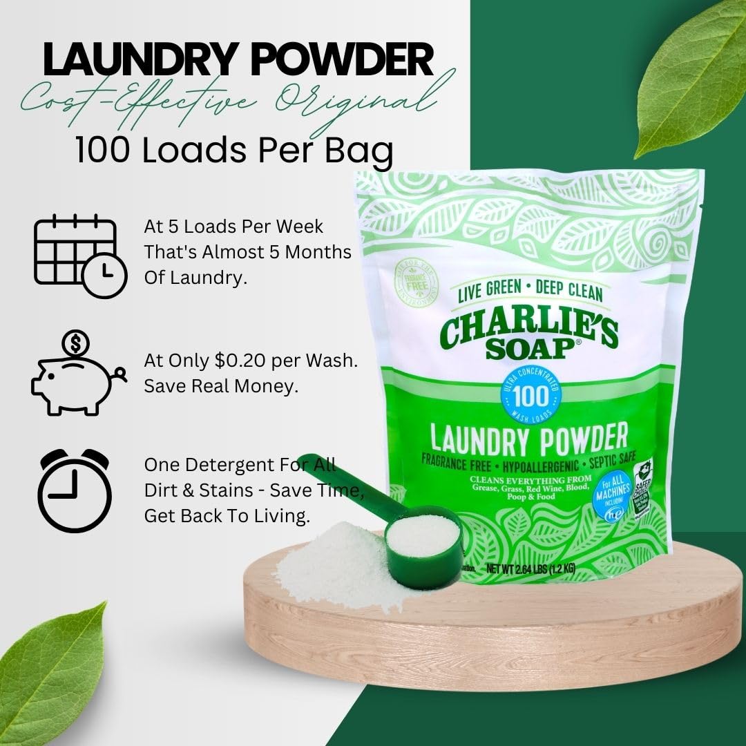 Charlie’s Soap Laundry Powder (100 Loads, 1 Pack) Fragrance Free Hypoallergenic Deep Cleaning Laundry Powder – Biodegradable Eco Friendly Sustainable Laundry Detergent