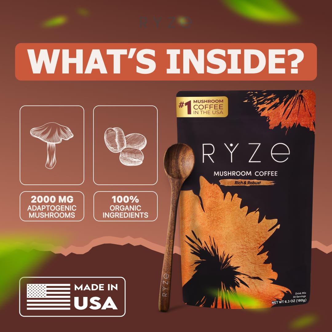 RYZE SUPERFOODS Mushroom Coffee Dark Roast, 6 Adaptogenic Mushrooms & Prebiotic Blend, Instant Coffee Supports Energy, Focus, Digestion & Immunity, Lions Mane & Turkey Tail, 30 Servings.