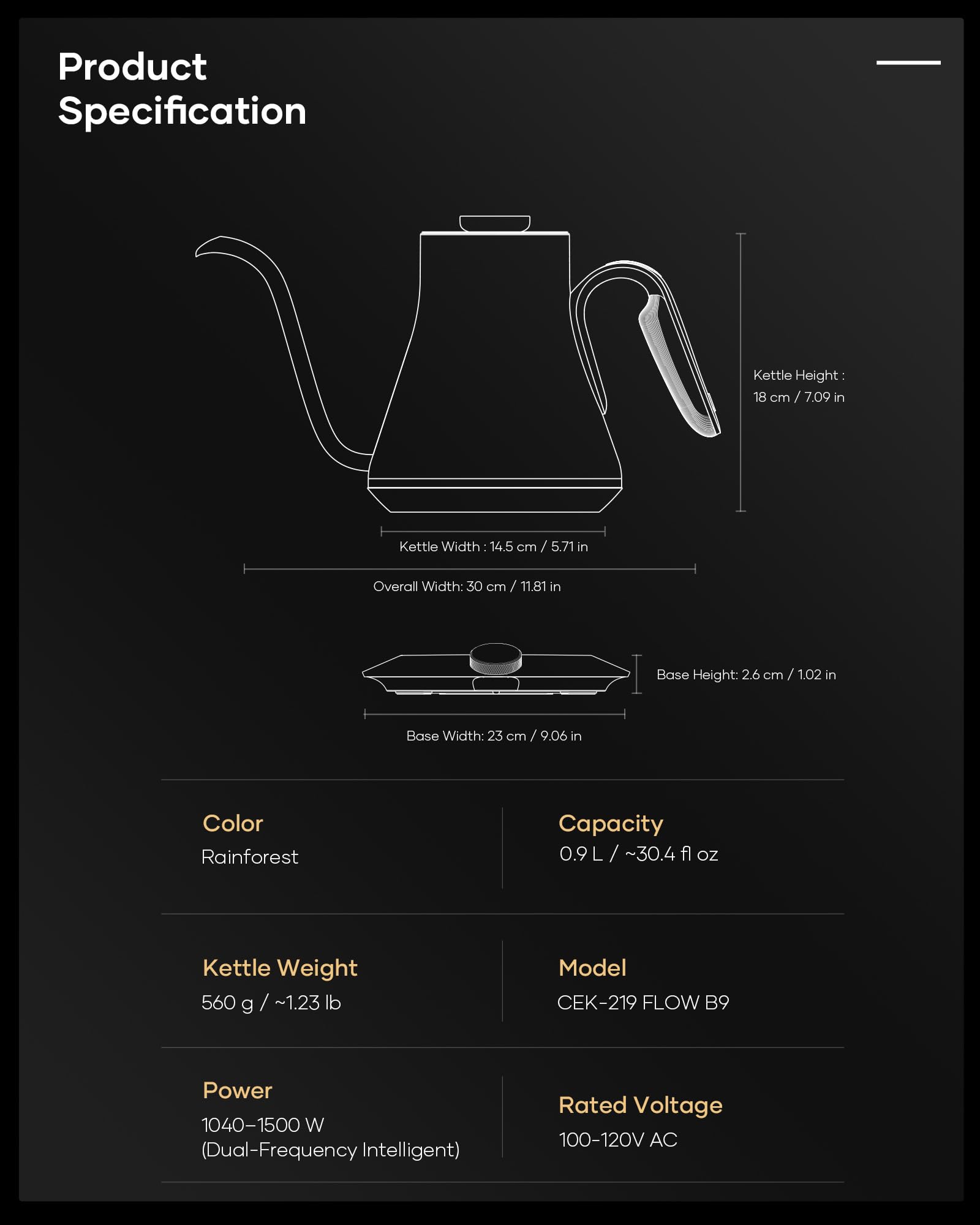 Cocinare Barista Collection Gooseneck Electric Kettle, ±1℉ Precise Temperature Control for Pour-Over Coffee & Tea, Quick Heating 1500W, Stainless Steel Interior, 0.9L (Rainforest)