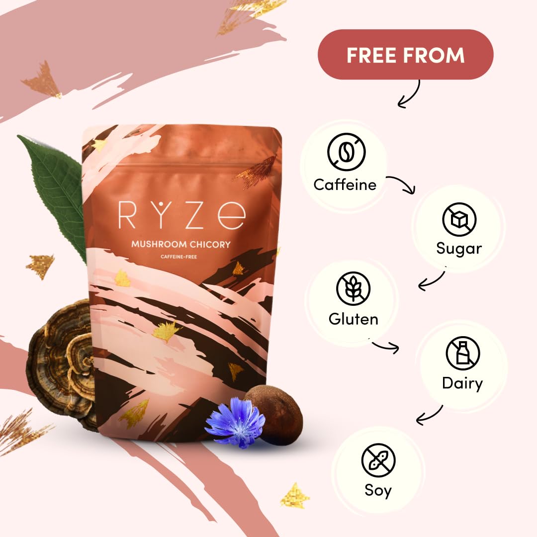 RYZE SUPERFOODS Mushroom Chicory with 6 Organic Adaptogenic Mushrooms, Keto Decaf Coffee with Chicory Root for Energy, Focus, Digestion, Immunity with Lions Mane, Turkey Tail, Shiitake, 30 servings