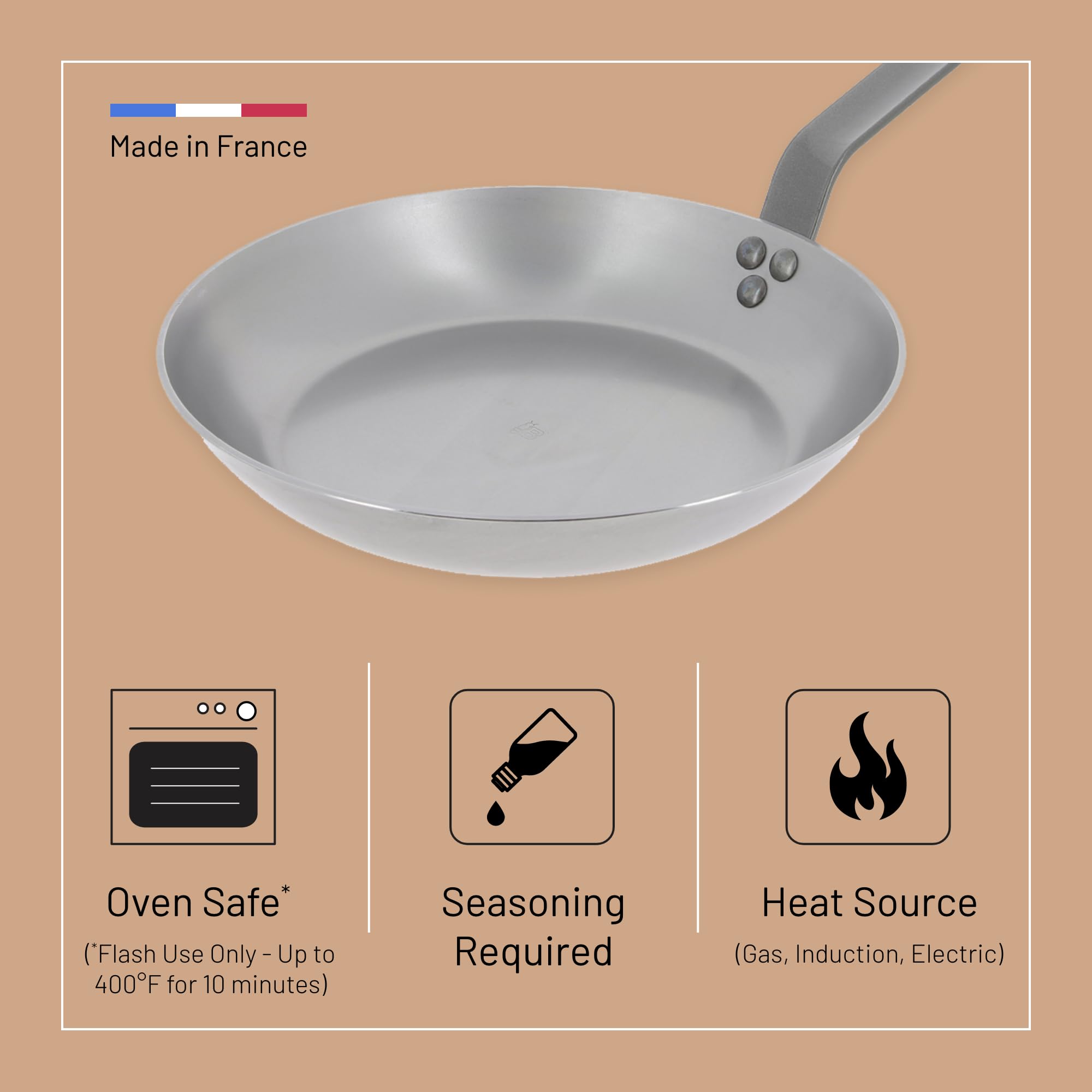de Buyer MINERAL B Carbon Steel Fry Pan - 10.25” Diameter, 7.3” Cooking Surface - Ideal for Searing, Sauteing & Reheating - Naturally Non-Stick Finish - Made in France