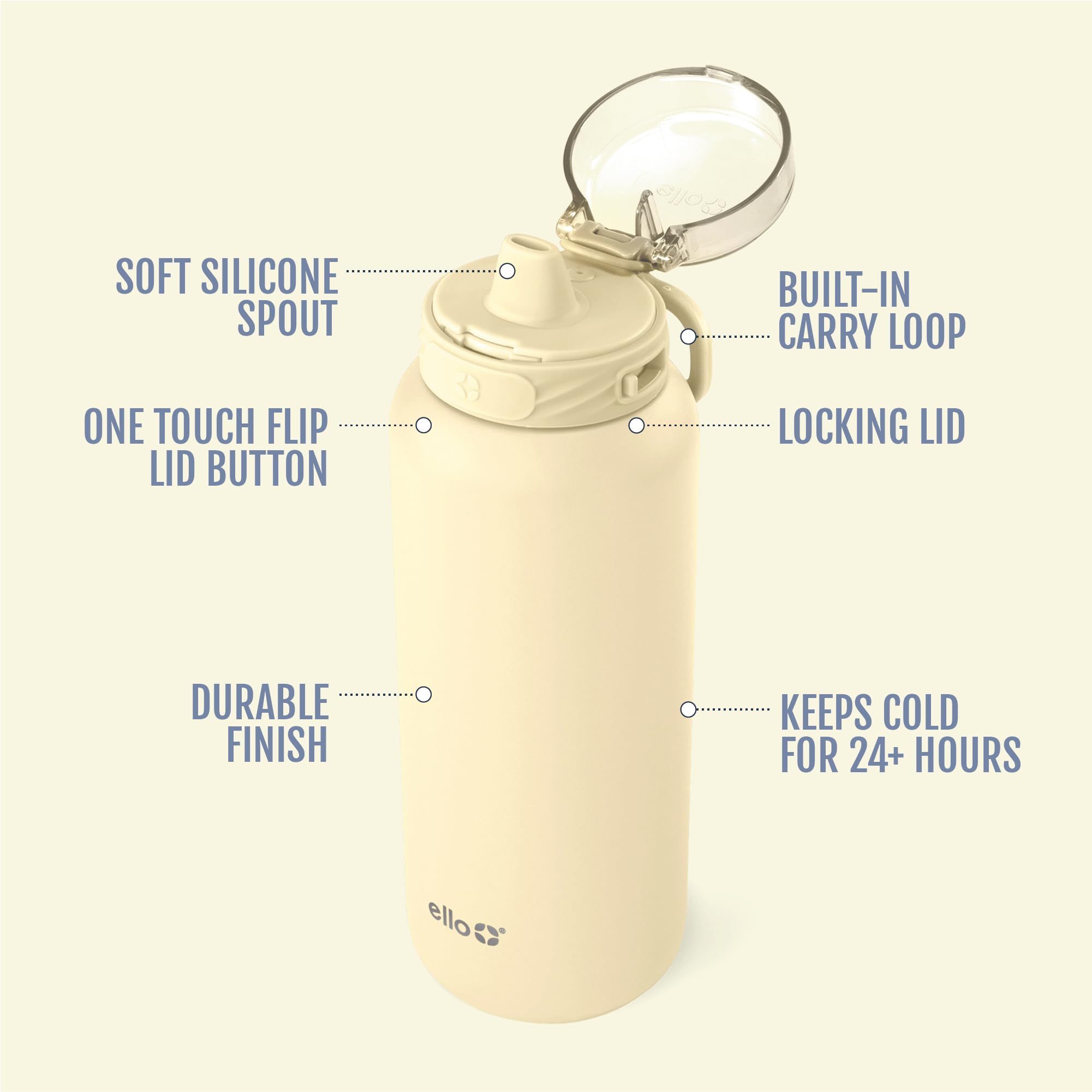 Ello Cooper 32oz Stainless Steel Water Bottle Vacuum Insulated with Straw and Carry Handle, Leak Proof Locking Lid with Soft Silicone Spout, Dishwasher Safe, Butter Yellow