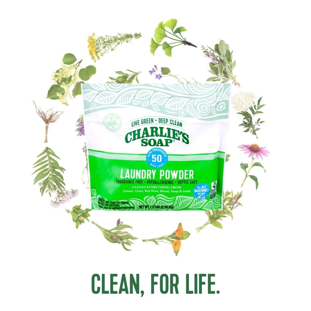 Charlie’s Soap Laundry Powder (50 Loads, 1 Pack) Hypoallergenic Deep Cleaning Washing Powder Detergent – Eco-Friendly, Safe, and Effective