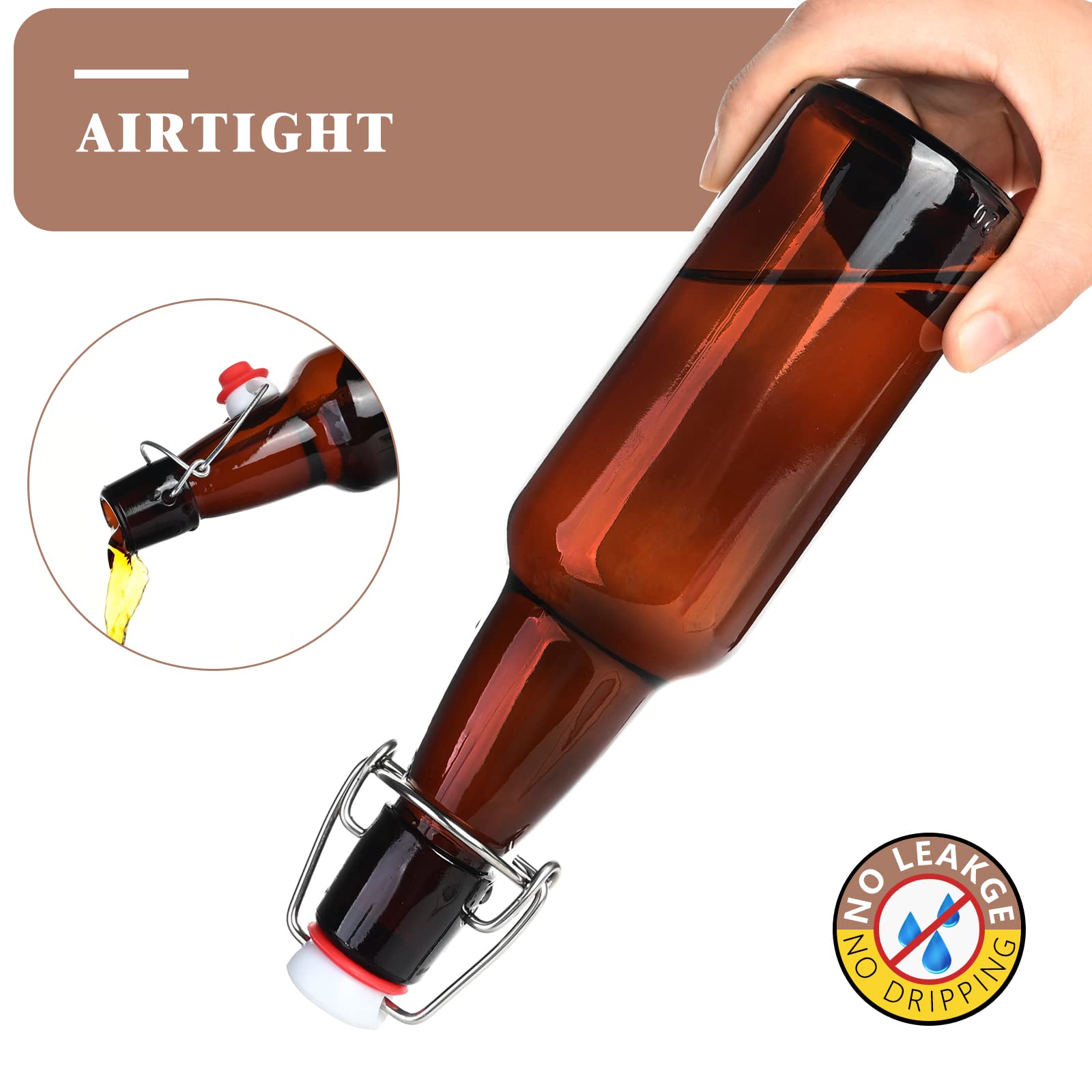 KITGLASCUP Amber Beer Bottles with Flip Caps, 12oz 10 Pack Glass Bottle with Swinging Top for Airtight Lids, Home Brewing and Fermentation Kombucha, Vanilla Extract, Beverage, Water, Kefir