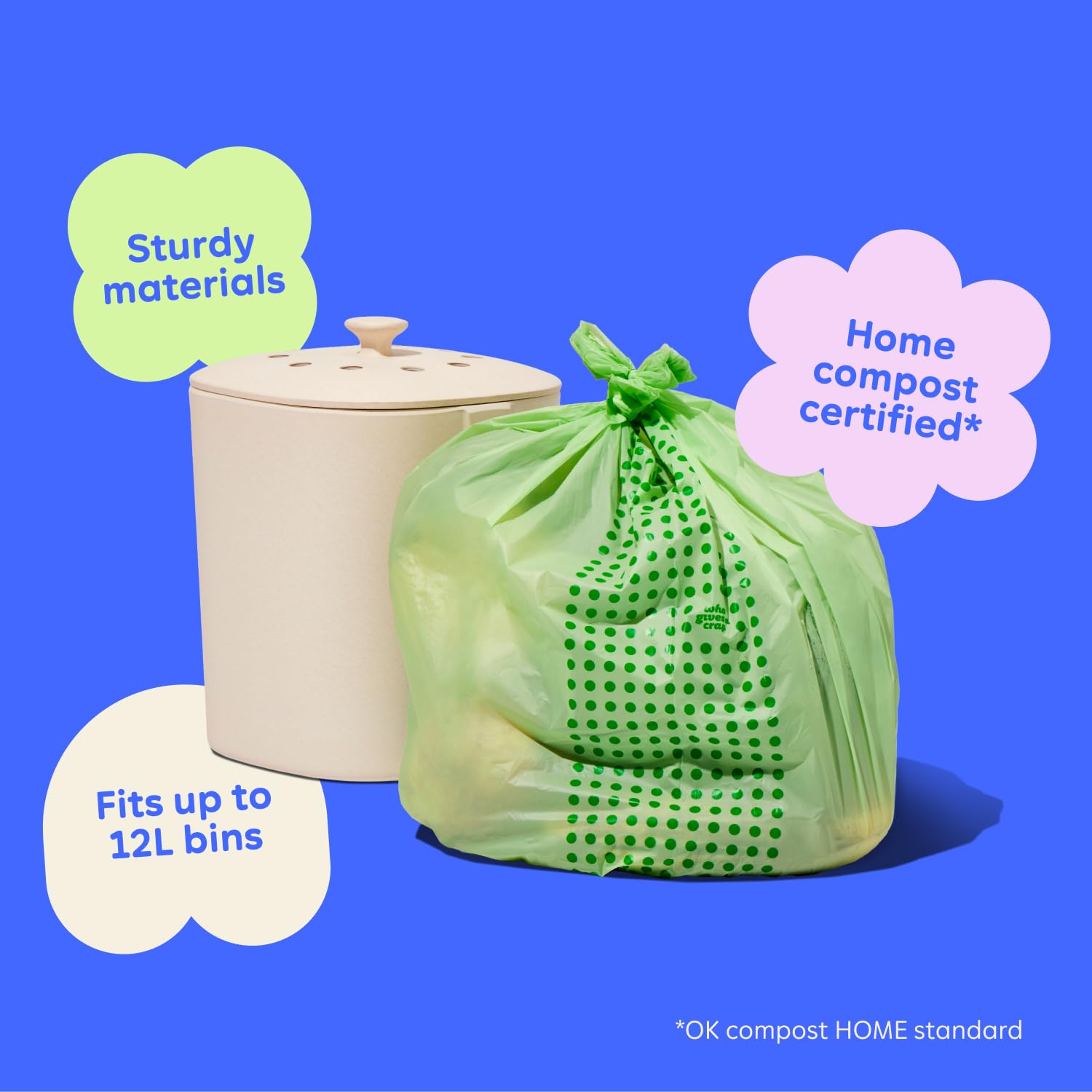 Who Gives a Crap Compostable Food Scrap Bags, 60 Count, 3 Gallon / 11.35 Liter, Durable Compost Bags for Kitchen Compost Bin, Biodegradable Food Waste Trash Bags for Sustainable Disposal