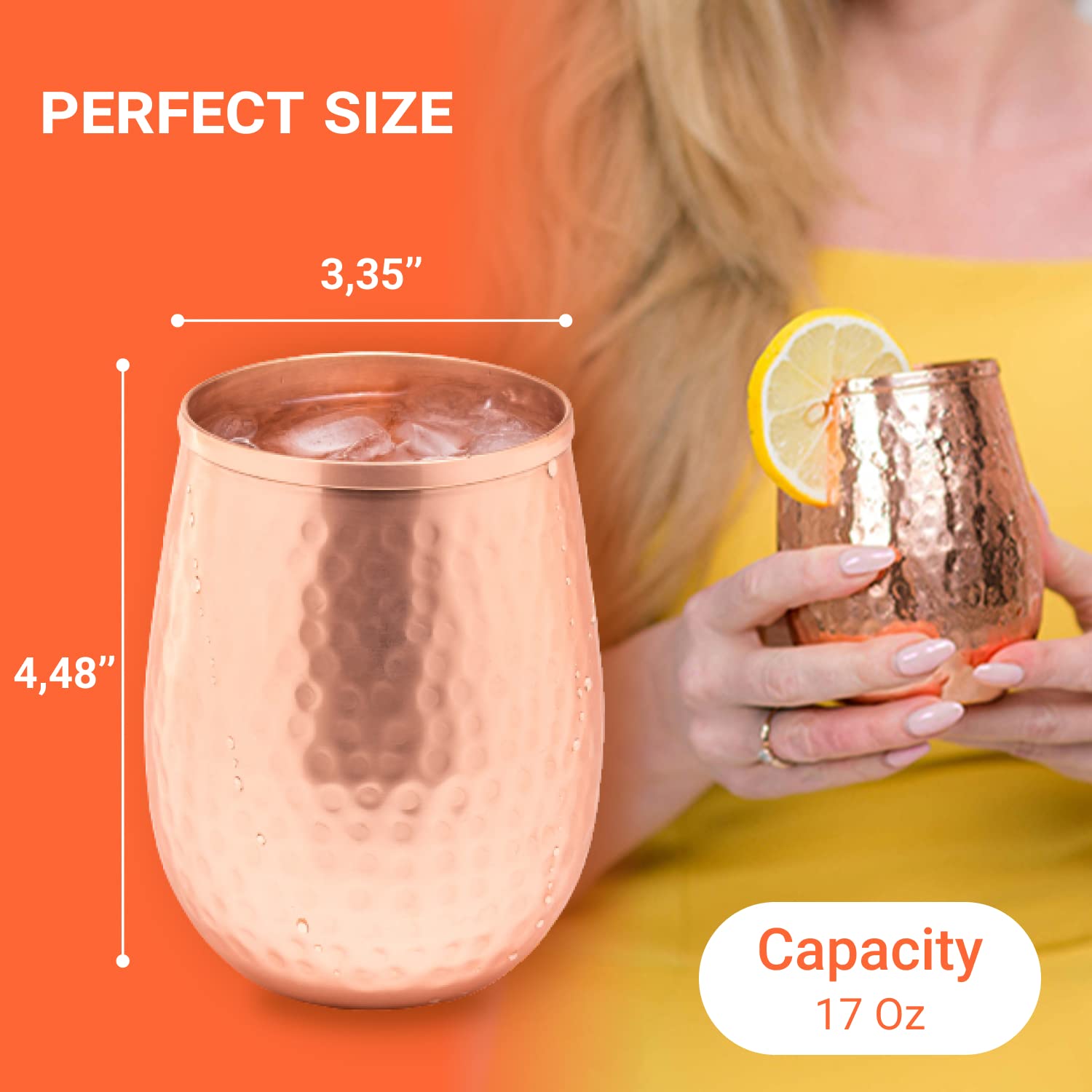 Mosscoff Copper wine glasses set of 4 – 17oz gleaming 100% solid hammered copper stemless wine cups – Valent for men and women – great copper tumblers for red or white wine and Moscow mules.