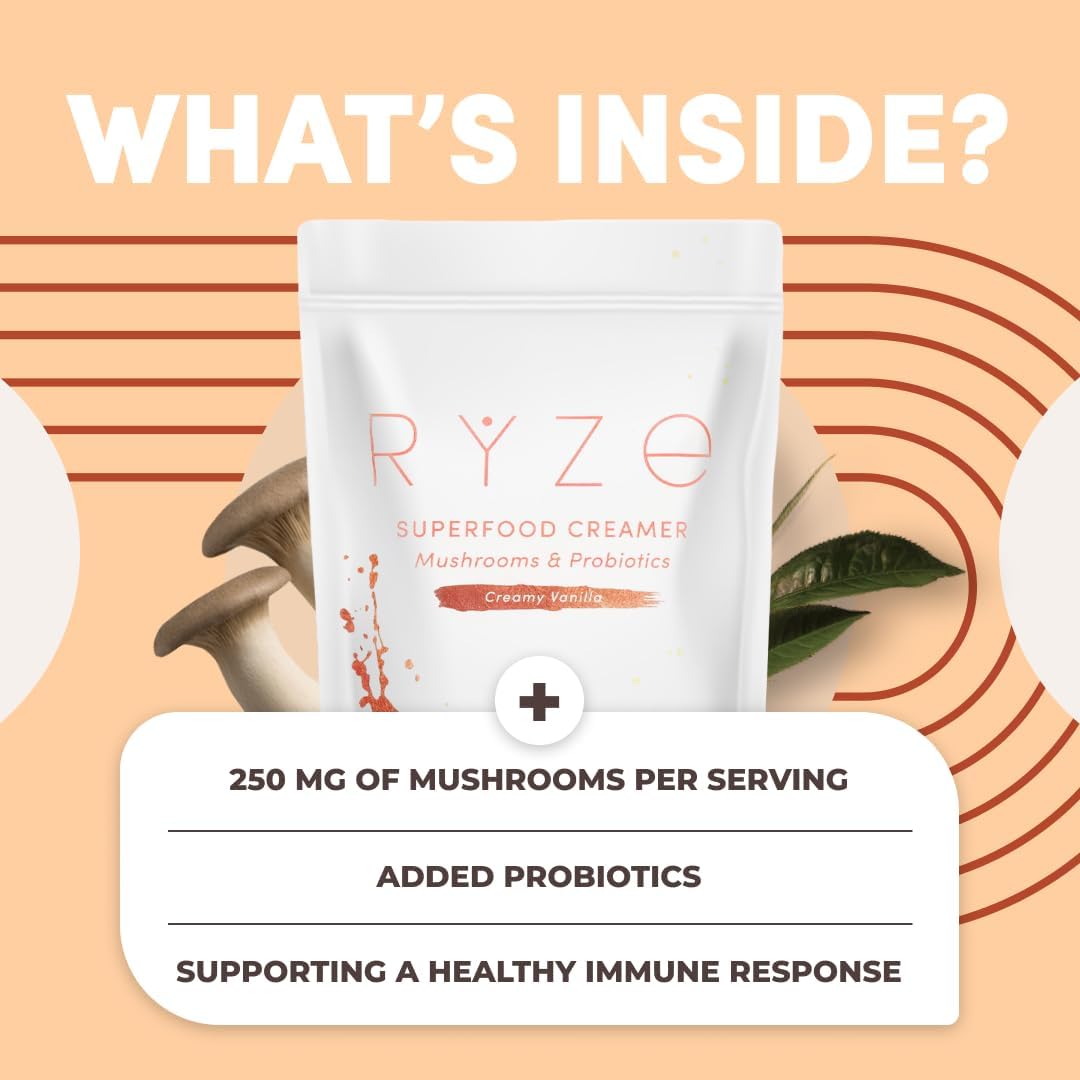 RYZE SUPERFOODS Probiotic Coffee Creamer with 6 Organic Adaptogenic Mushrooms & Probiotics for Energy, Focus, Digestion with USA Grown Turkey Tail, Shiitake, Lions Mane, Reishi, Gluten Free 30 serving