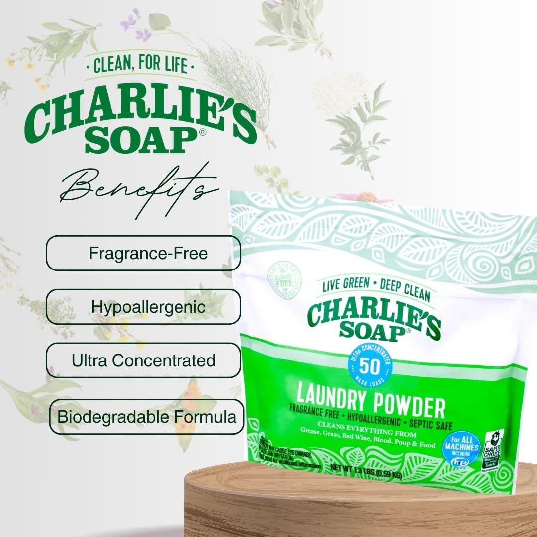 Charlie’s Soap Laundry Powder (50 Loads, 1 Pack) Hypoallergenic Deep Cleaning Washing Powder Detergent – Eco-Friendly, Safe, and Effective