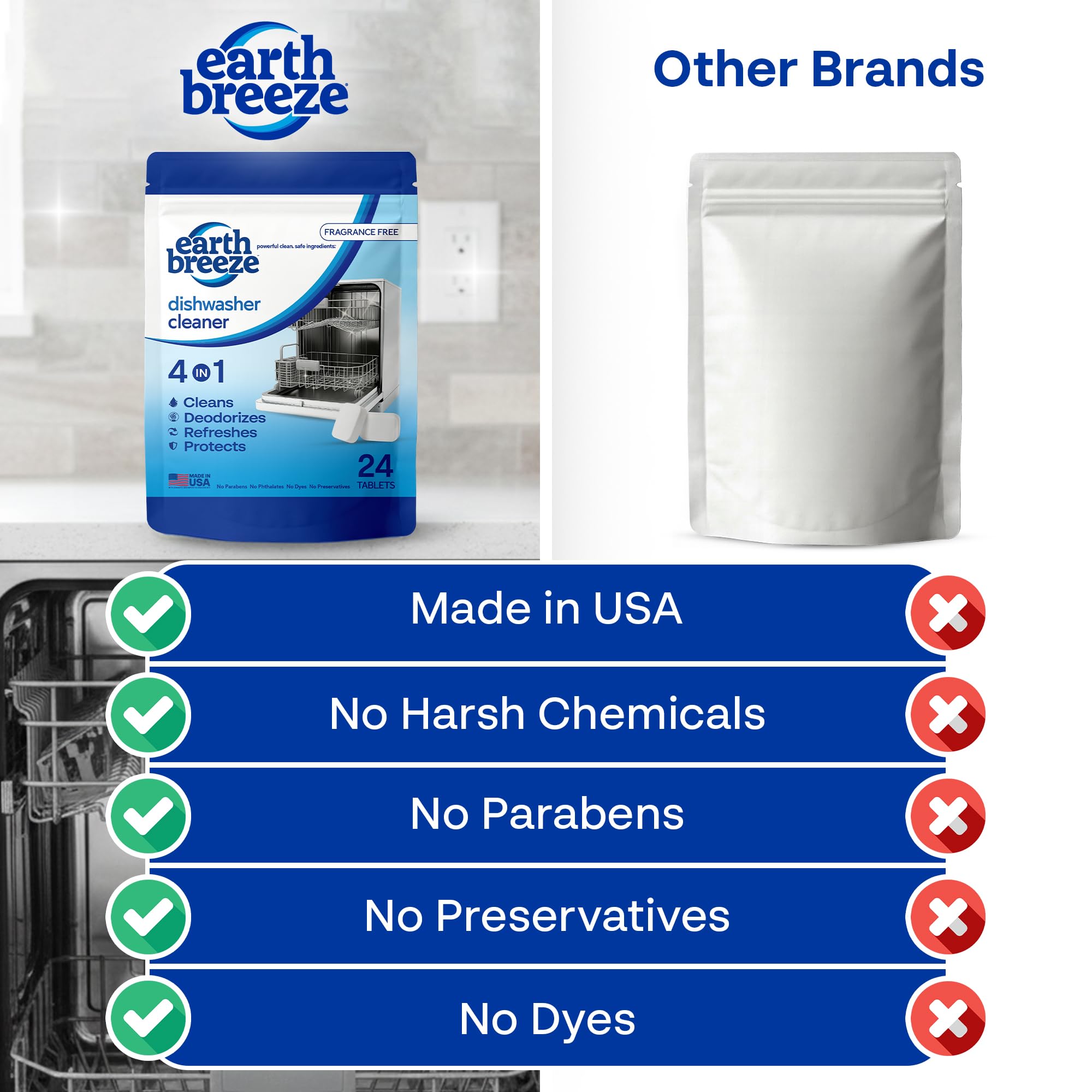 Earth Breeze Dishwasher Cleaner Tablets – 4-in-1 Cleans, Deodorizes, Refreshes & Protects – Removes Odor, Buildup & Residue – Fragrance Free, No Harsh Chemicals, Safe for All Dishwashers - Made in USA