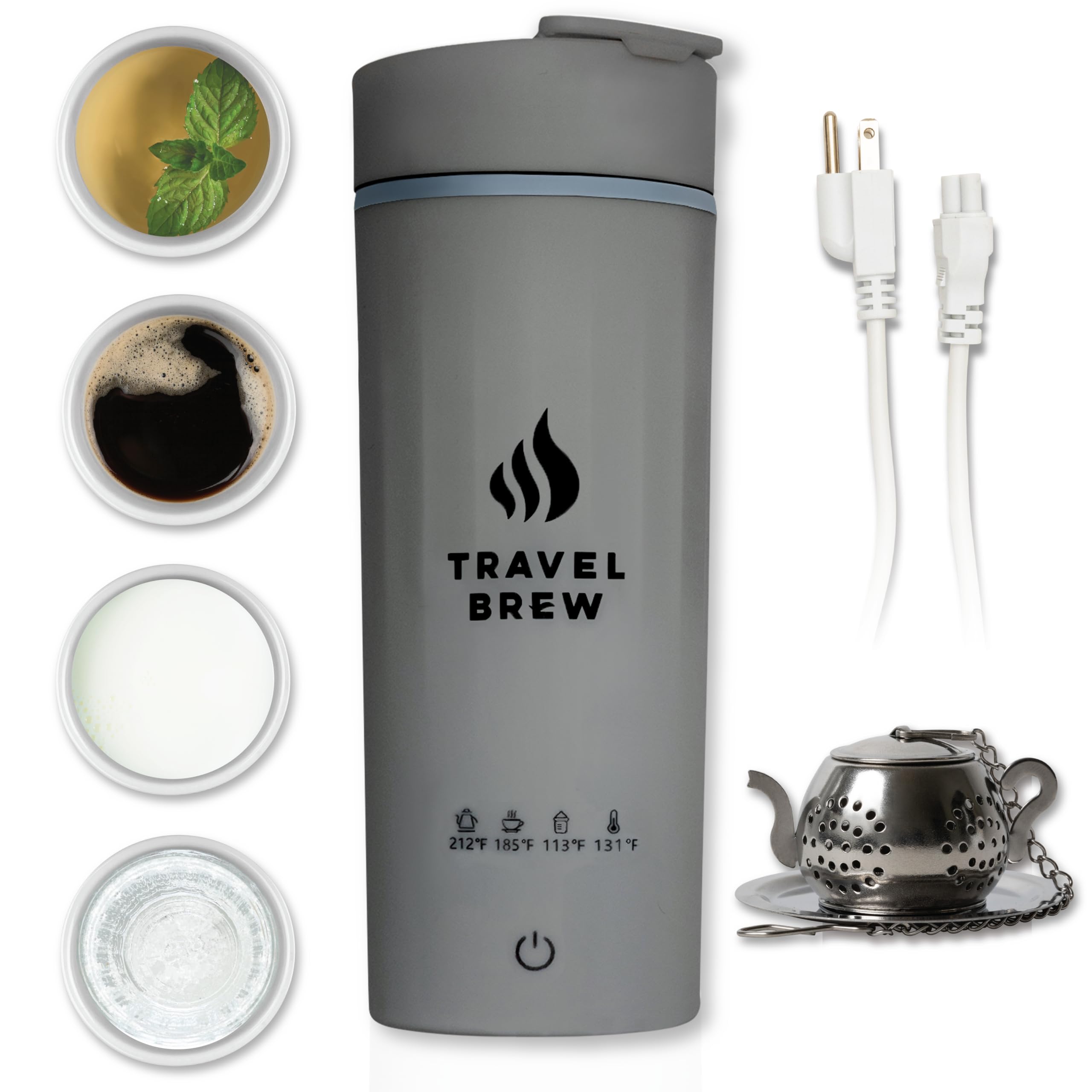 TRAVEL BREW Portable Travel Kettle with Tea Infuser- Mini Electric Kettle with 4 Temperature Settings, with Auto Shut-Off & Boil Dry Protection (Gray)