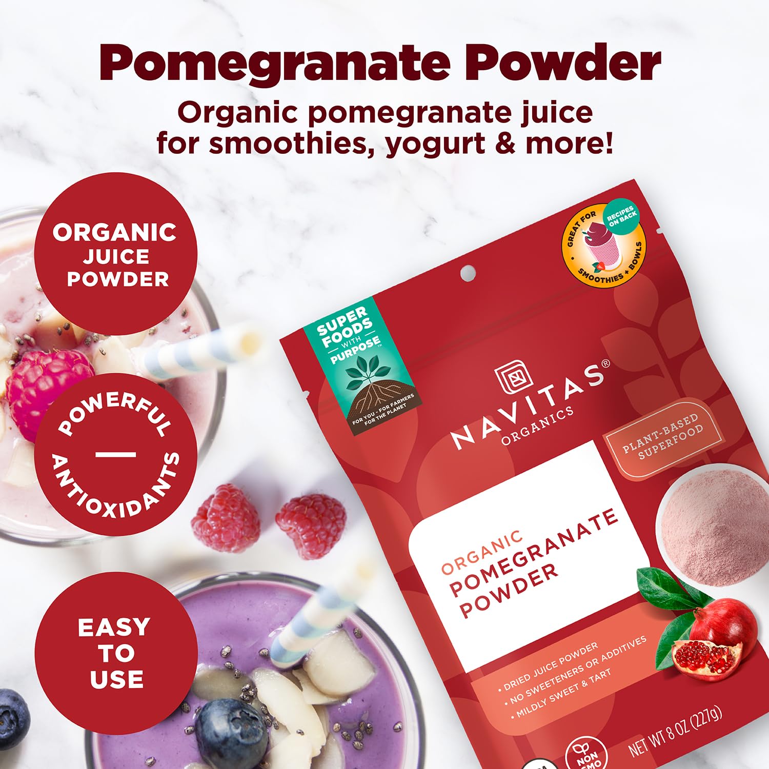 Navitas Organics Pomegranate Powder – Organic Juice Powder - For Smoothies, Desserts, Dips & More – Antioxidant Support - USDA Organic, Non GMO, Kosher, Gluten Free, Vegan (8oz. Bag, 45 Servings)