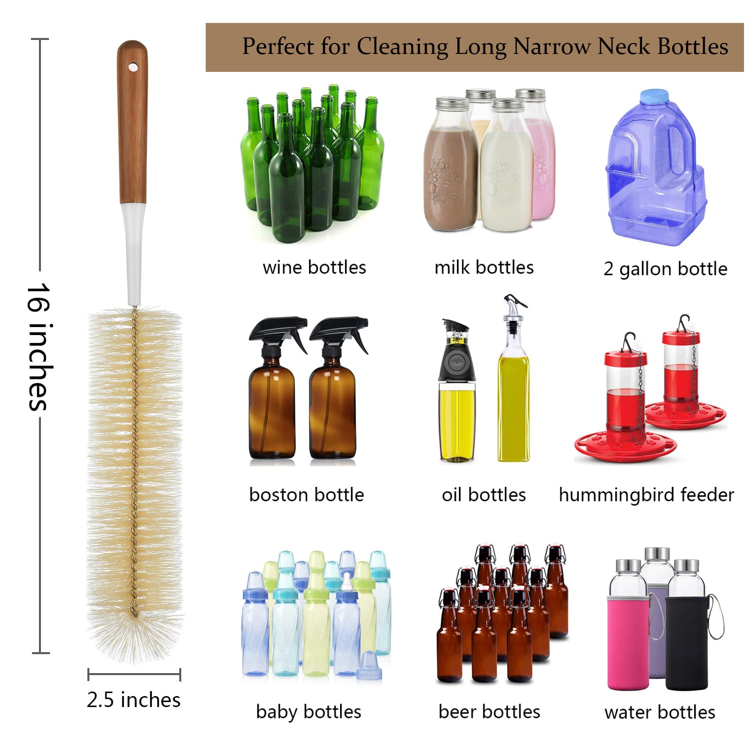 ALINK 5-Pack Bottle Brush Cleaner - Extra Long Bamboo Handle Water Bottle Straw Cleaning Brush for Washing Narrow Neck Beer Wine Decanter, Sports Bottle, Thermos, Flask, Jug