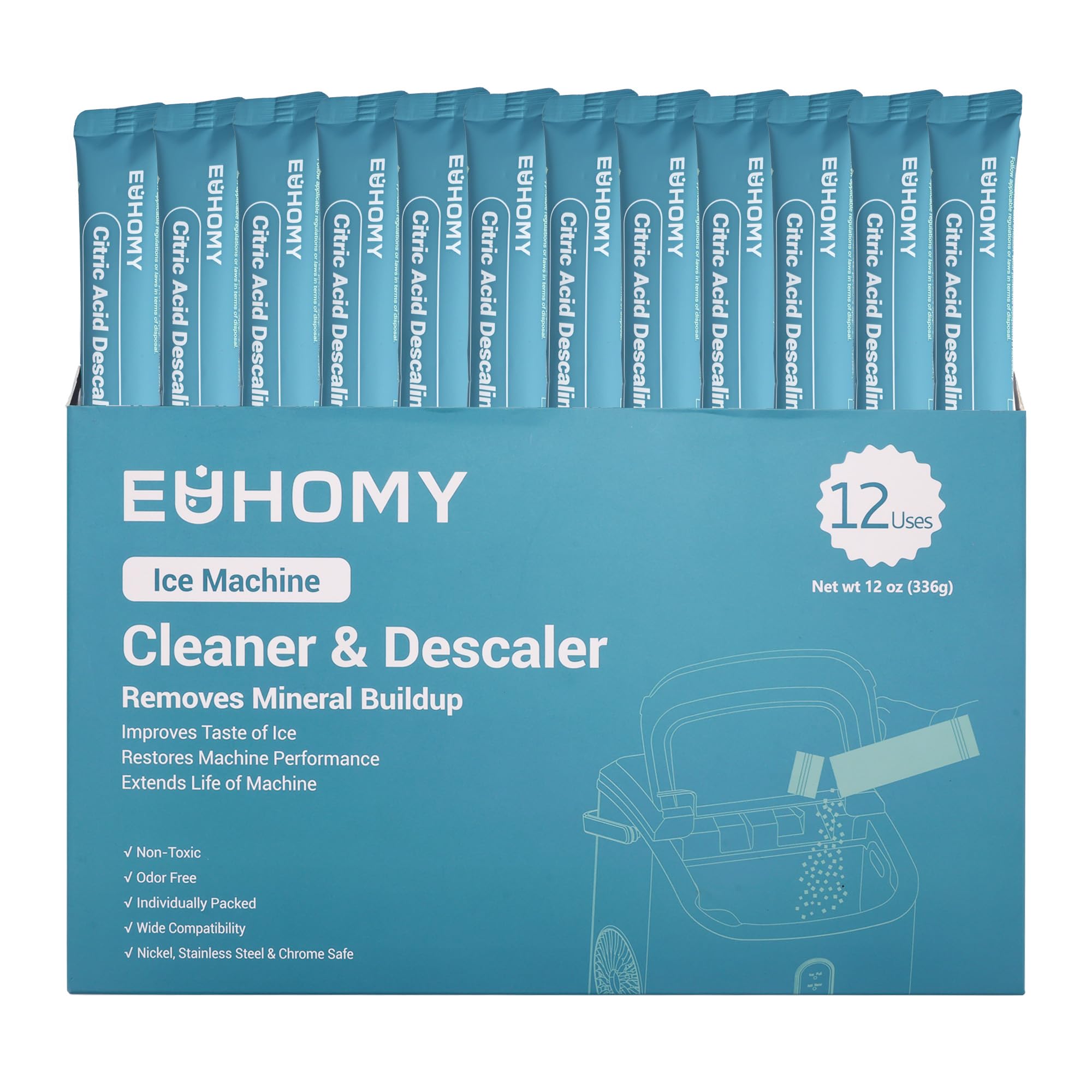 EUHOMY Ice Maker Cleaner & Descaler | 12 Use & Individually Packed | Ice Machine Cleaner with Organic Citric Acid Descaling Powder, Ideal for All Brands