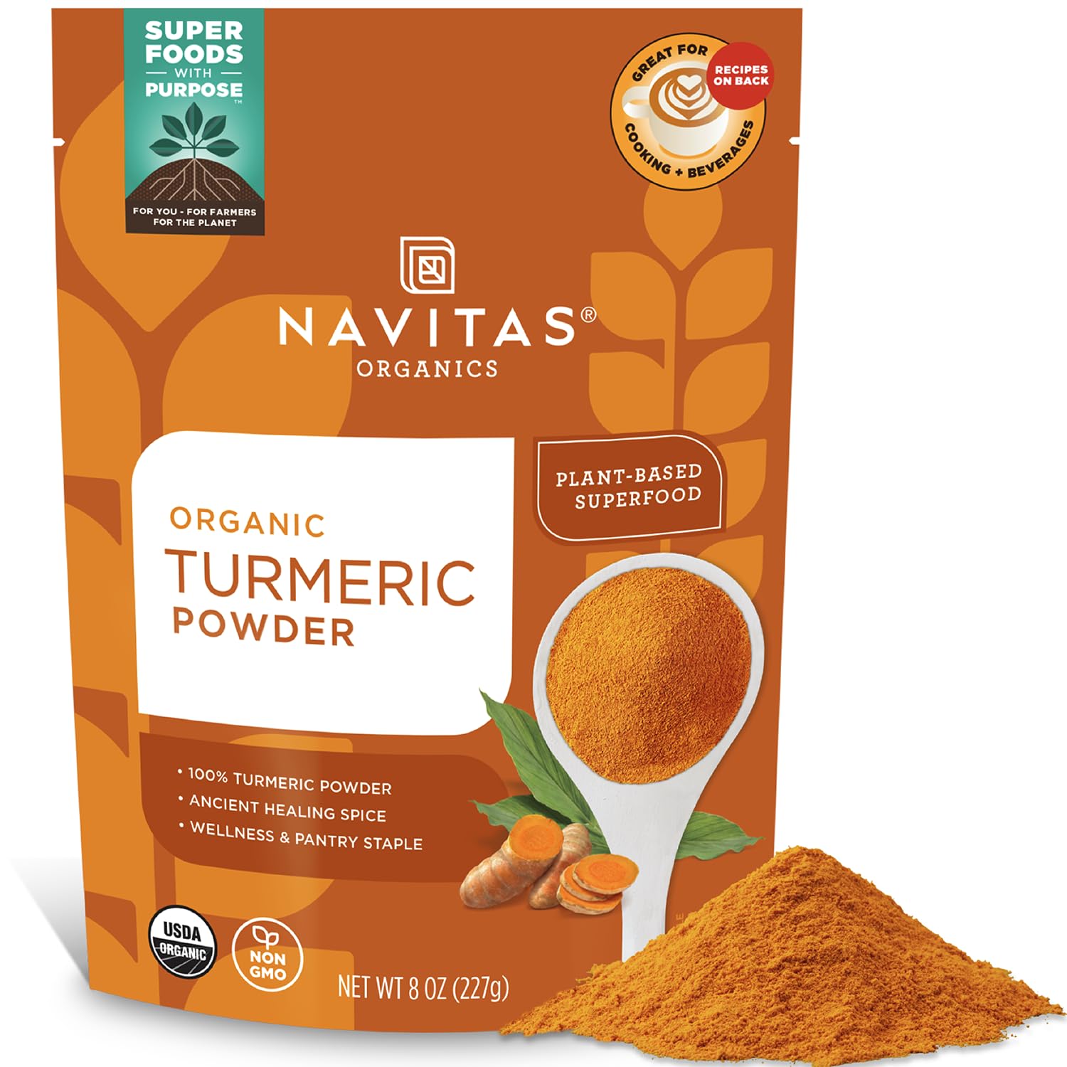Navitas Organics Turmeric Powder – for Smoothies, Golden Milk, Curries & More – Natural Curcumin – Anti-inflammatory – USDA Organic, Non GMO, Kosher Gluten Free, Vegan (8oz. Bag, 45 Servings)
