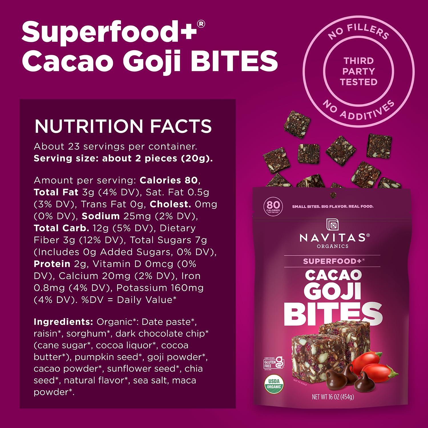 Navitas Organics Superfood Power Snacks, Cacao Goji, 16 oz. Bag, 23 Servings - Organic, Non-GMO, Gluten-Free