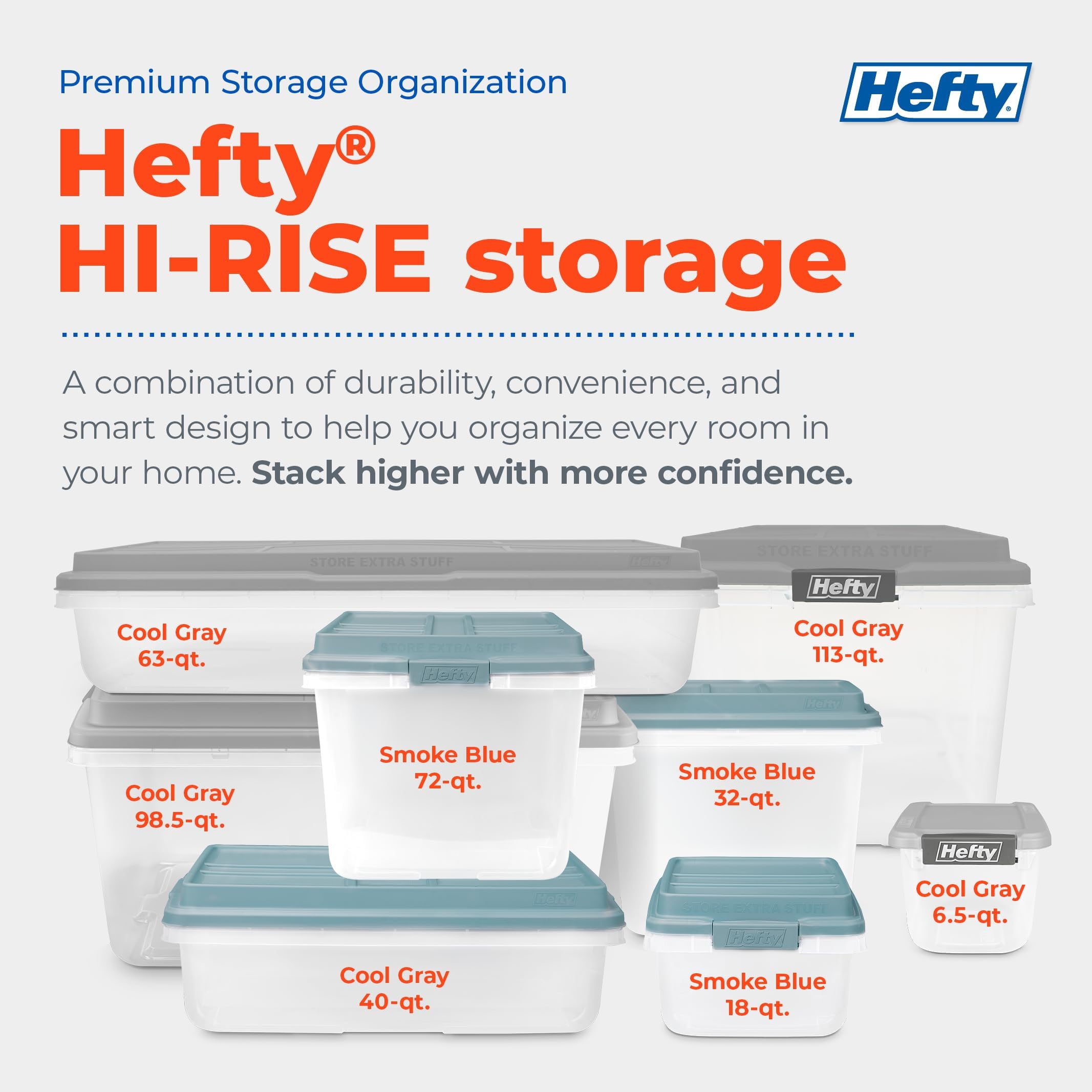 Hefty HI-RISE 40 Qt Stackable Storage Bins with Lids – 6 Pack Clear Plastic Under Bed Storage Containers, Shoe Organizer Boxes with XL Lid-Locking Latches, Comfort-Grip Handles, Durable Double Rim