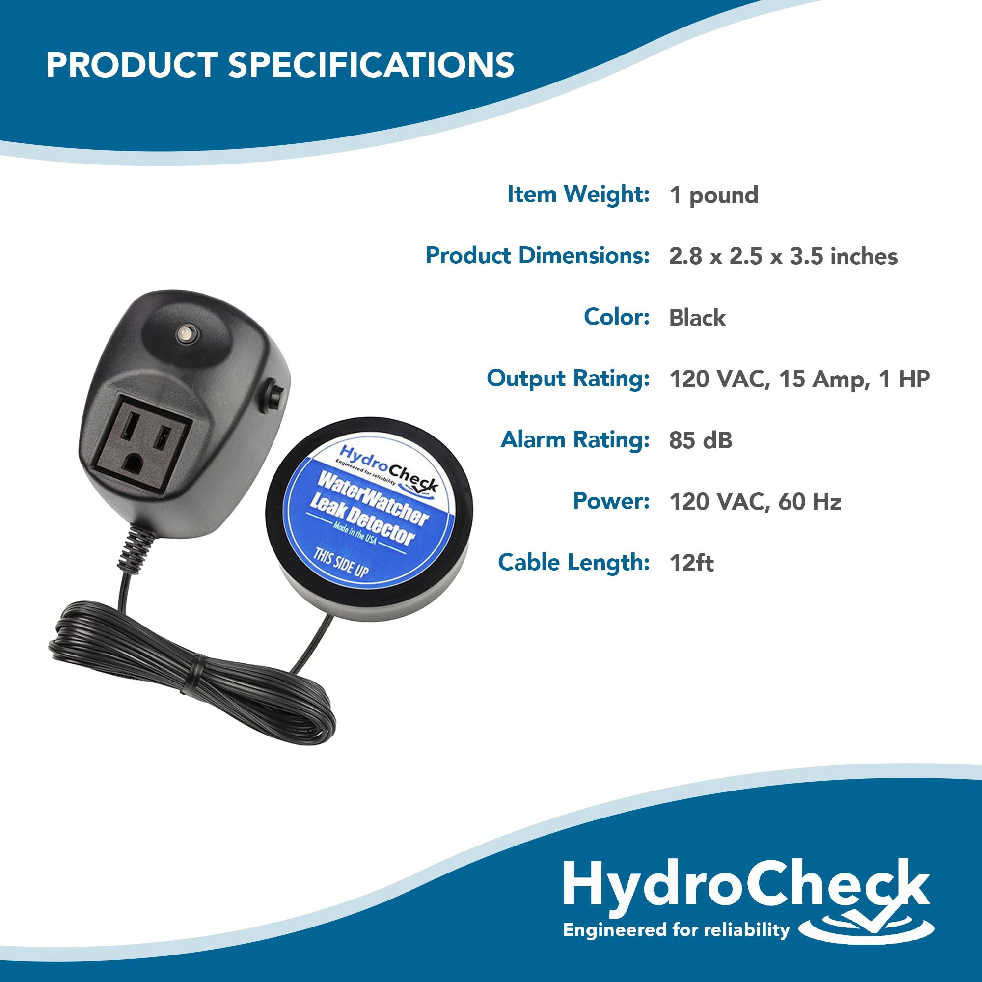 HydroCheck Water Sensor Alarm, Smart Water Leak Detector for Home & Basements | Made in THE USA | Automatic Flood Detectors and Water Alarm, Pure Water Capable (WaterWatcher)