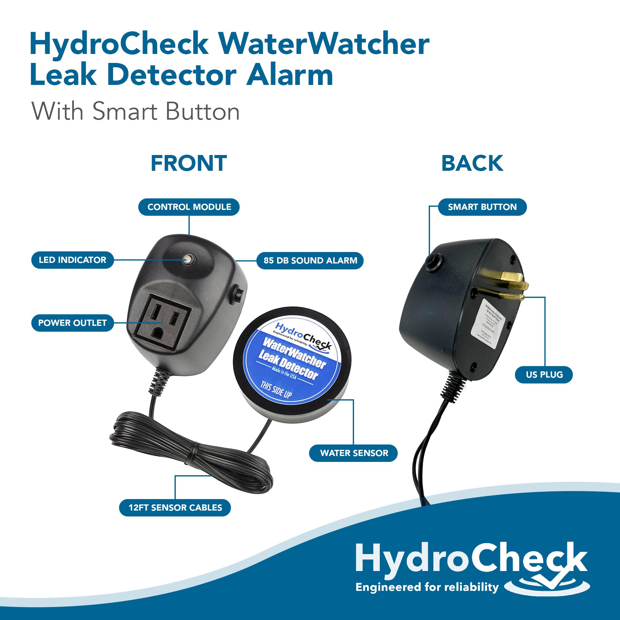 HydroCheck Water Sensor Alarm, Smart Water Leak Detector for Home & Basements | Made in THE USA | Automatic Flood Detectors and Water Alarm, Pure Water Capable (WaterWatcher)