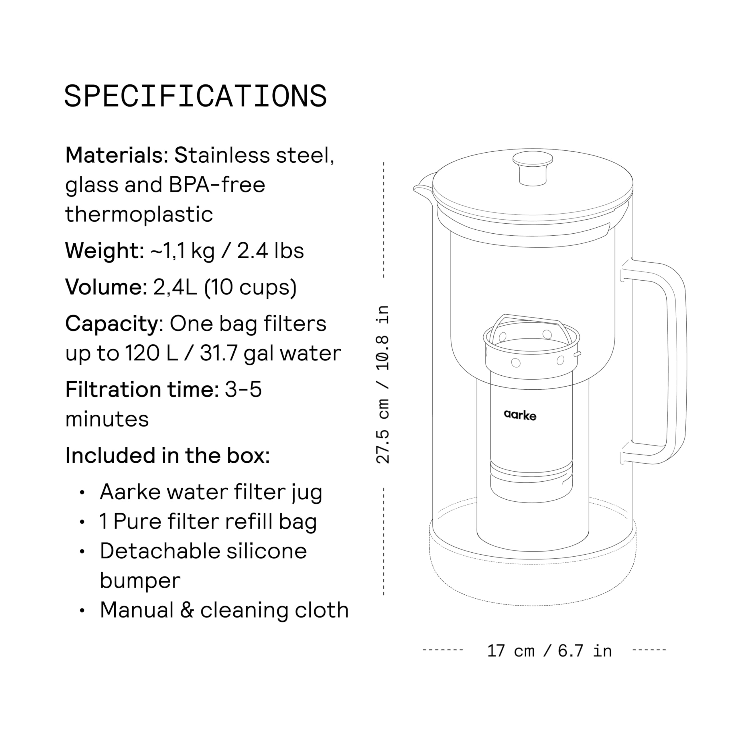 Aarke Purifier - Premium Glass and Stainless Steel Water Filter Pitcher, Refillable Filter System and Granules, 2.4L Pitcher with 1.18L Filtration Capacity