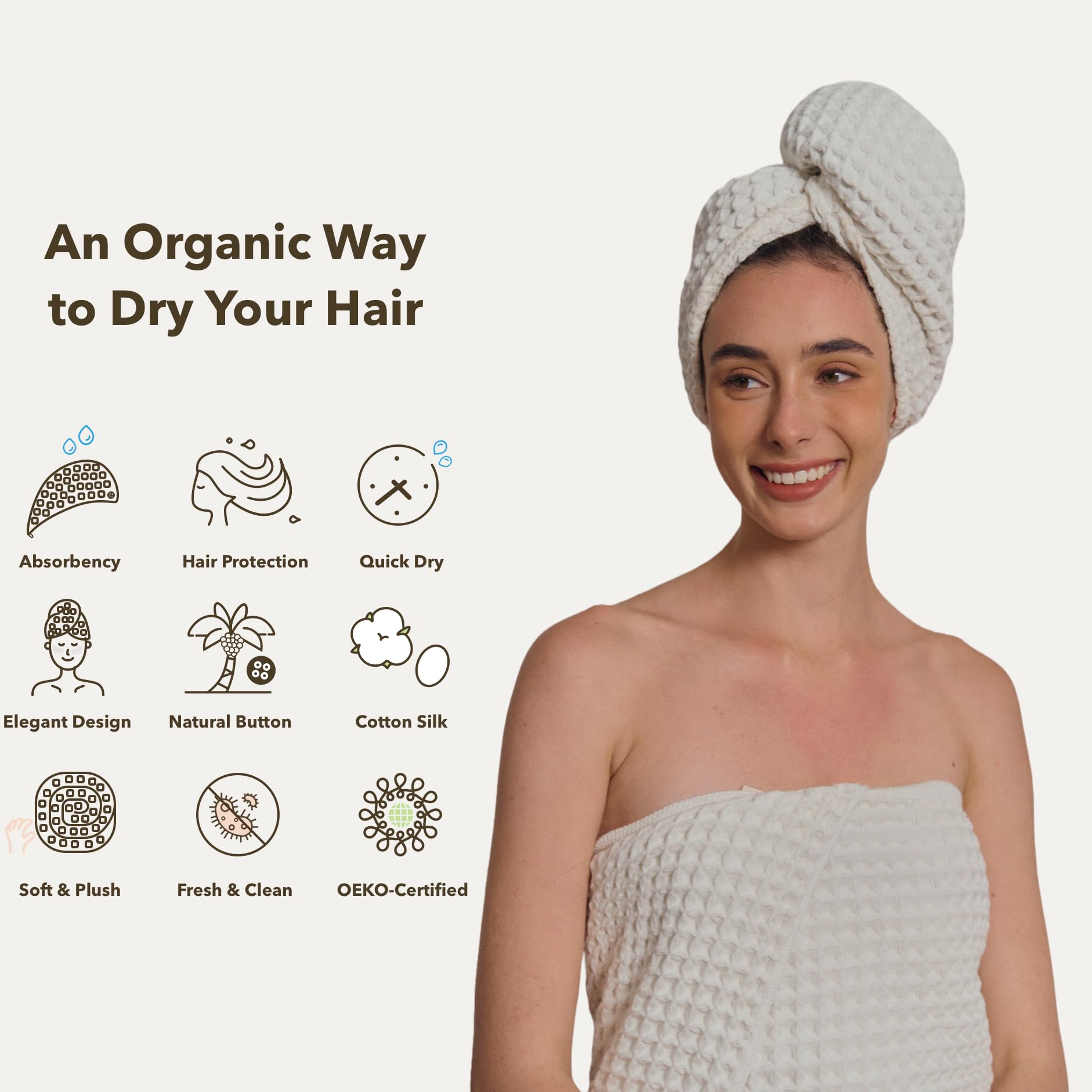 Luxury Organic Japanese Cotton Hair Drying Waffle Towel Wrap for Women | Absorbent, Quick-Dry Head Turban for Shower, Sauna, Spa | Extra Large for Long, Curly, Straight Hair With Button (White, 1 Pc)