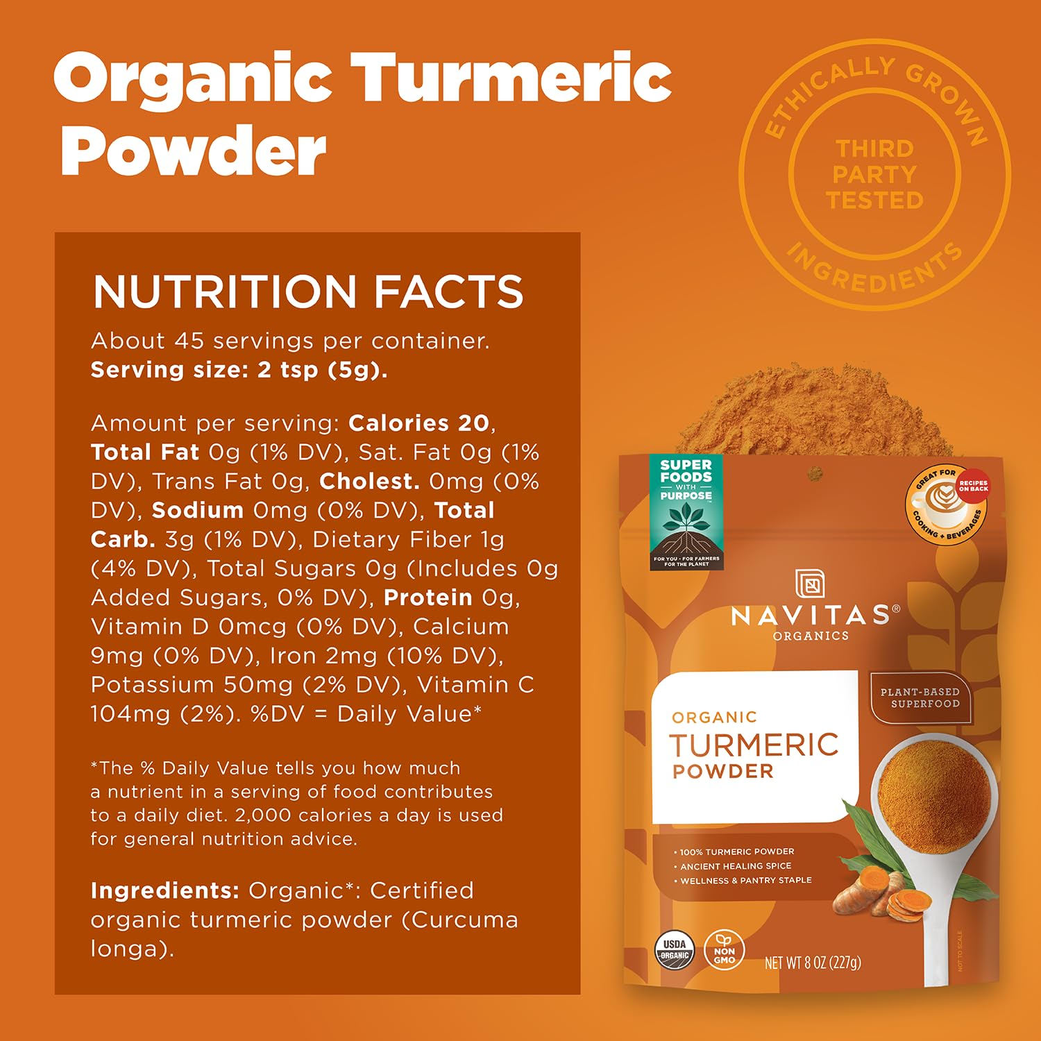 Navitas Organics Turmeric Powder – for Smoothies, Golden Milk, Curries & More – Natural Curcumin – Anti-inflammatory – USDA Organic, Non GMO, Kosher Gluten Free, Vegan (8oz. Bag, 45 Servings)