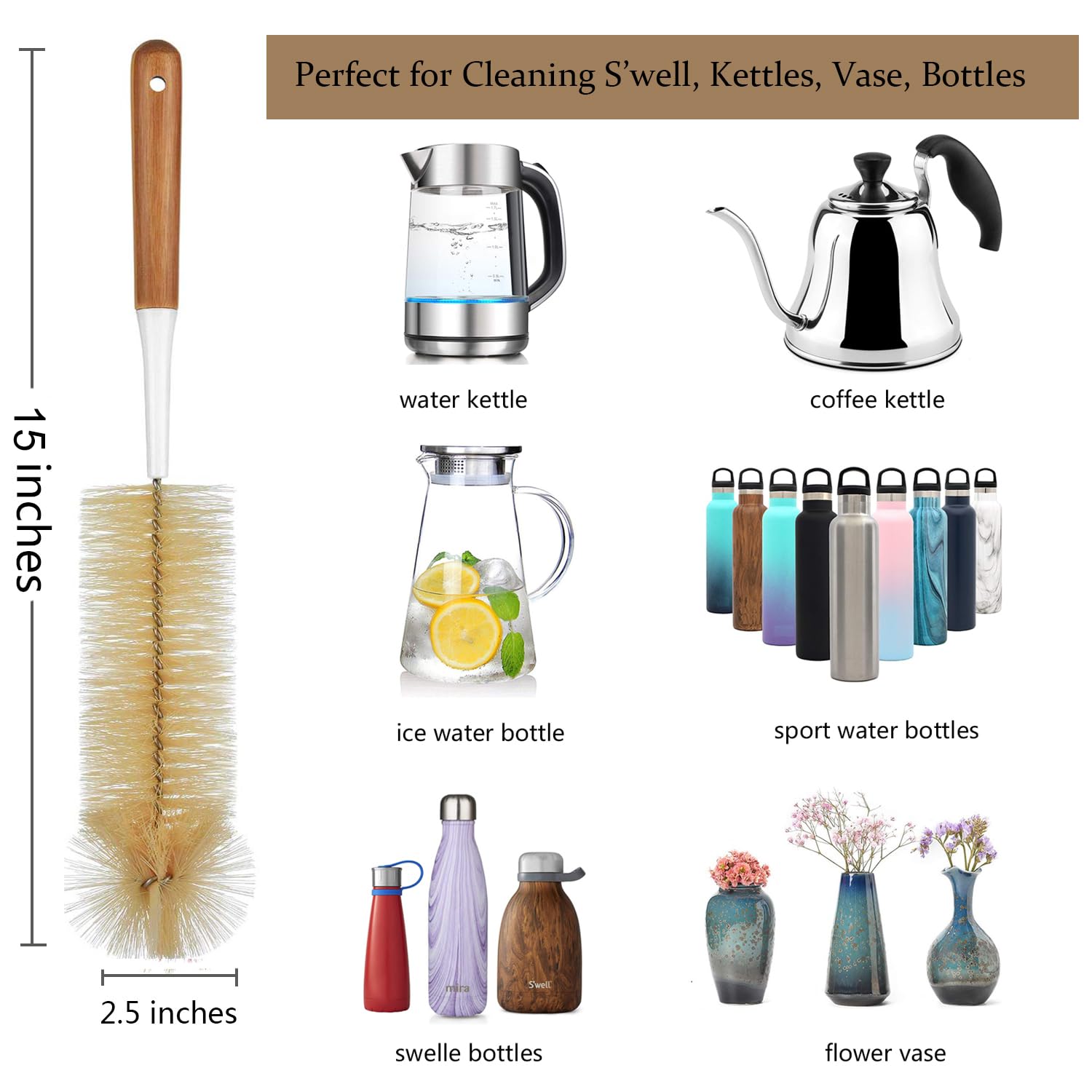 ALINK 5-Pack Bottle Brush Cleaner - Extra Long Bamboo Handle Water Bottle Straw Cleaning Brush for Washing Narrow Neck Beer Wine Decanter, Sports Bottle, Thermos, Flask, Jug