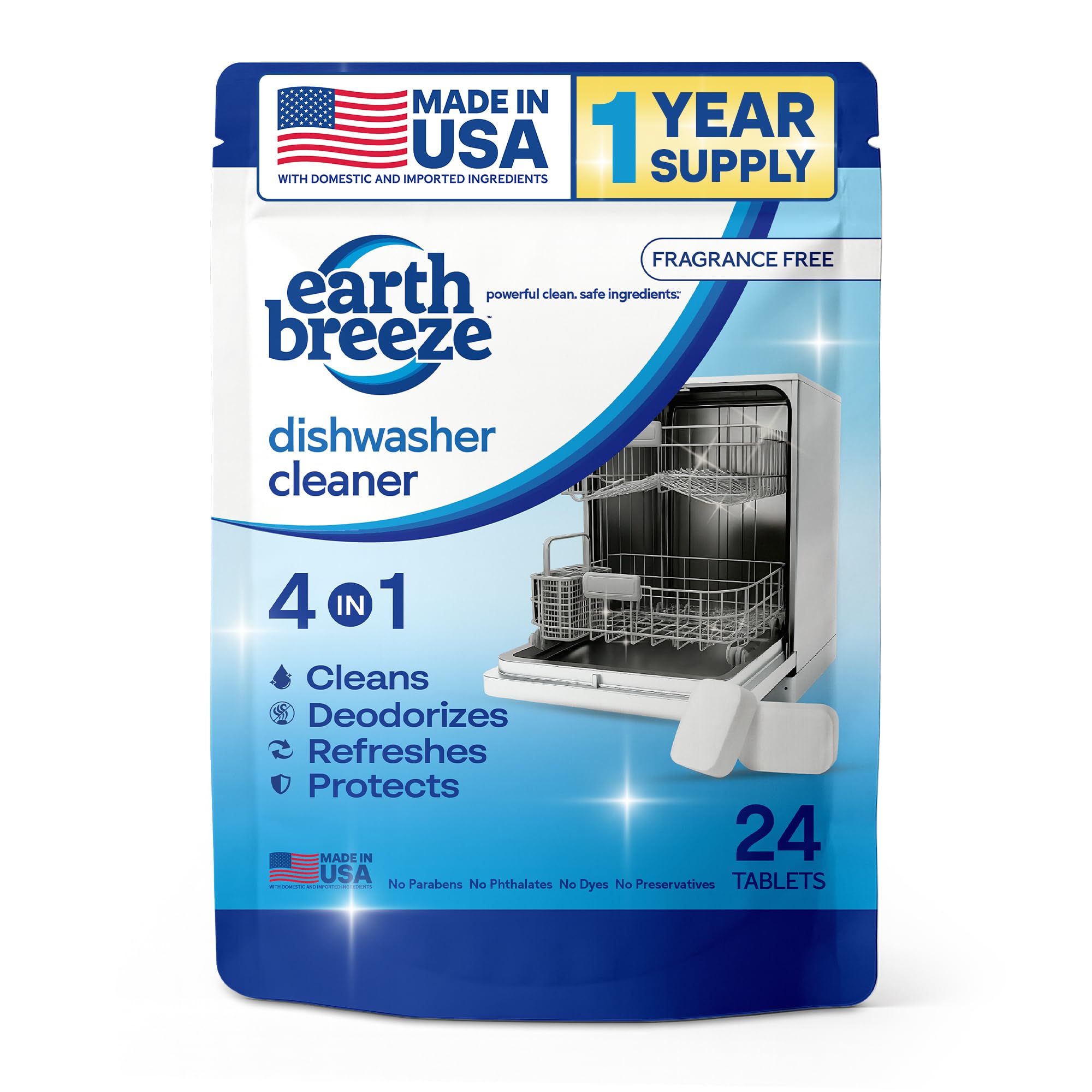 Earth Breeze Dishwasher Cleaner Tablets – 4-in-1 Cleans, Deodorizes, Refreshes & Protects – Removes Odor, Buildup & Residue – Fragrance Free, No Harsh Chemicals, Safe for All Dishwashers - Made in USA