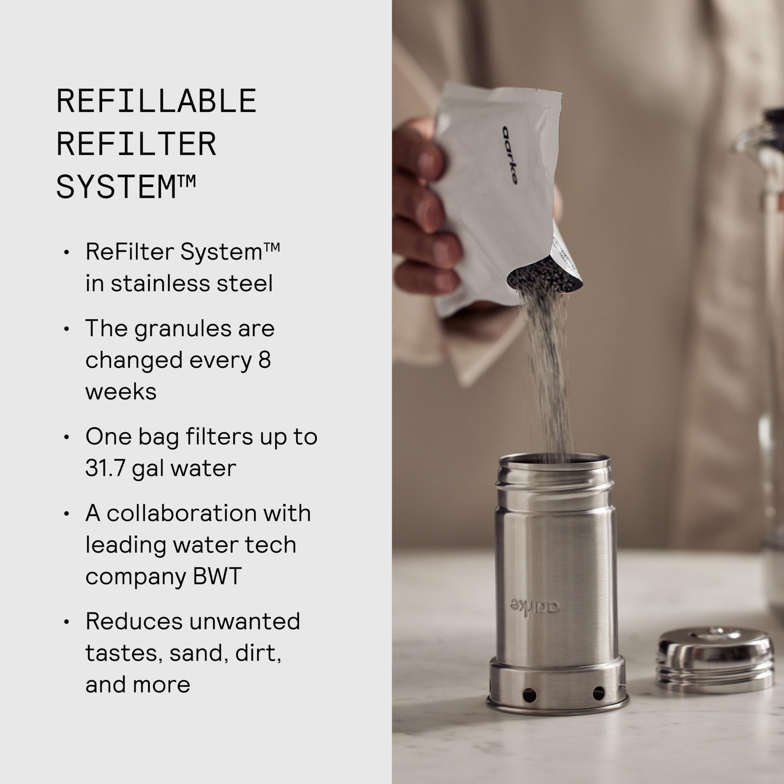 Aarke Purifier - Premium Glass and Stainless Steel Water Filter Pitcher, Refillable Filter System and Granules, 2.4L Pitcher with 1.18L Filtration Capacity