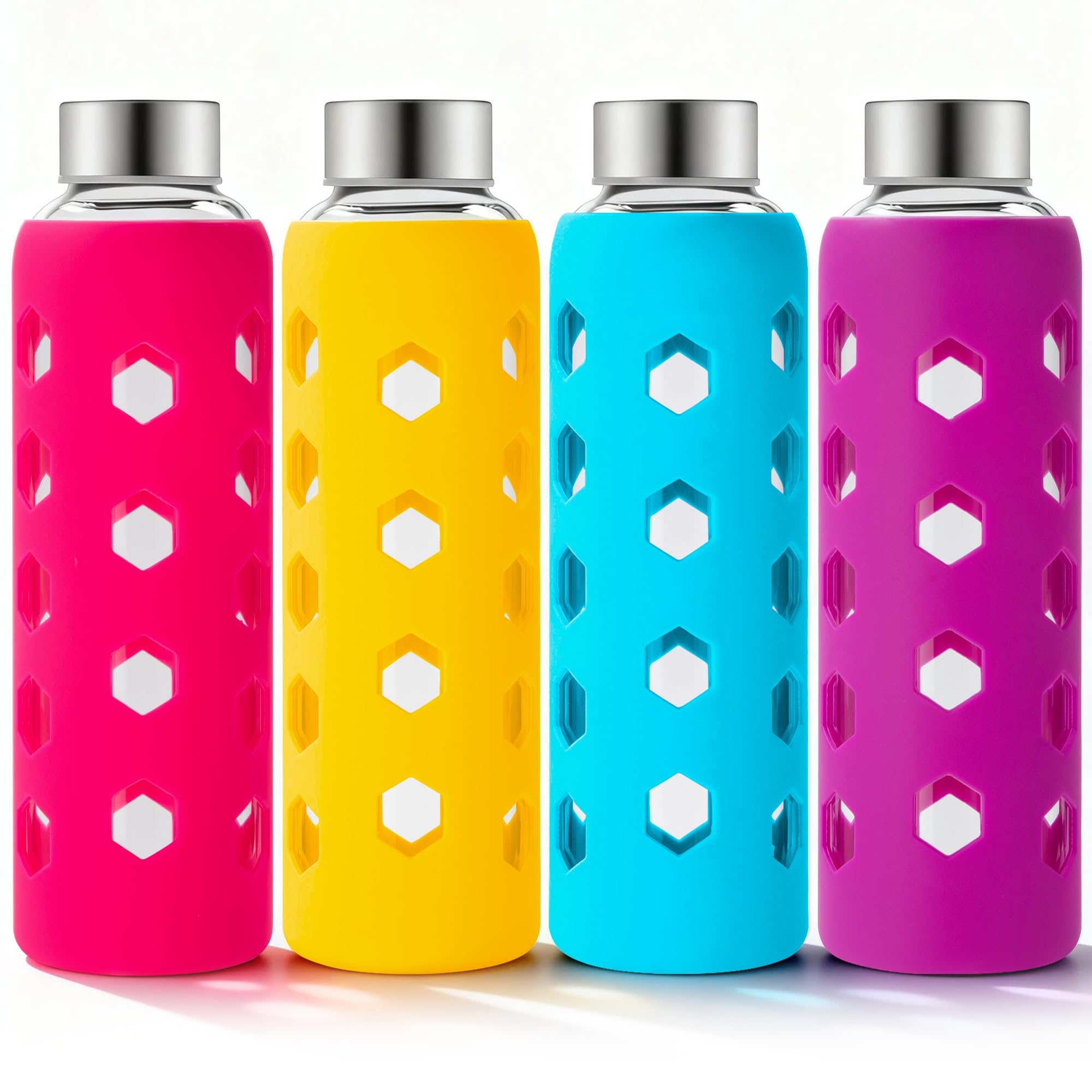 Mrsdry Glass Juice Bottles with Lids and Silicone Sleeves 18 oz, 4-Pack Reusable Clear Glass Water Bottles with Stainless Steel Airtight Cap for Juicing, Refrigerator, BPA Free Leak-Proof Drinking Jar
