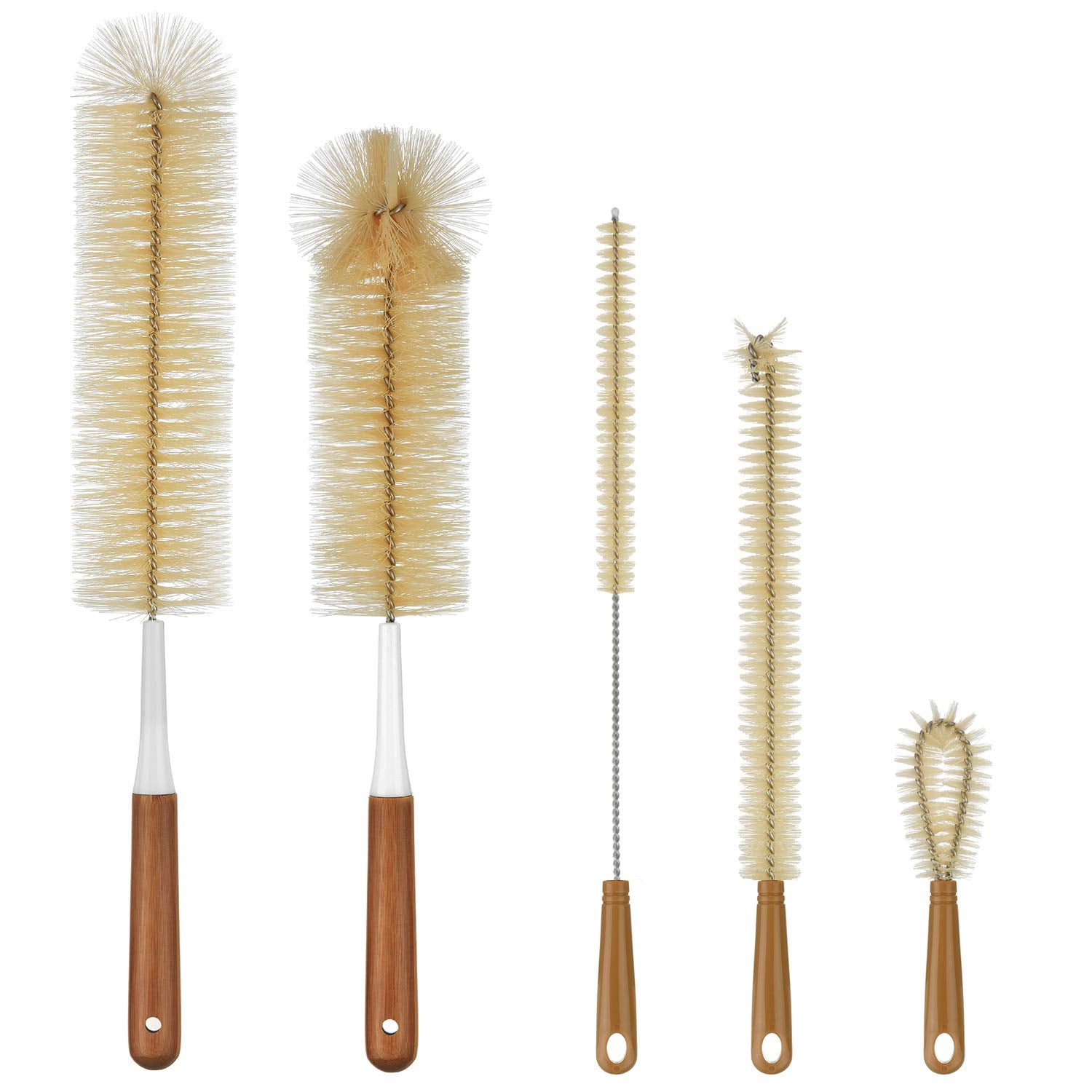 ALINK 5-Pack Bottle Brush Cleaner - Extra Long Bamboo Handle Water Bottle Straw Cleaning Brush for Washing Narrow Neck Beer Wine Decanter, Sports Bottle, Thermos, Flask, Jug