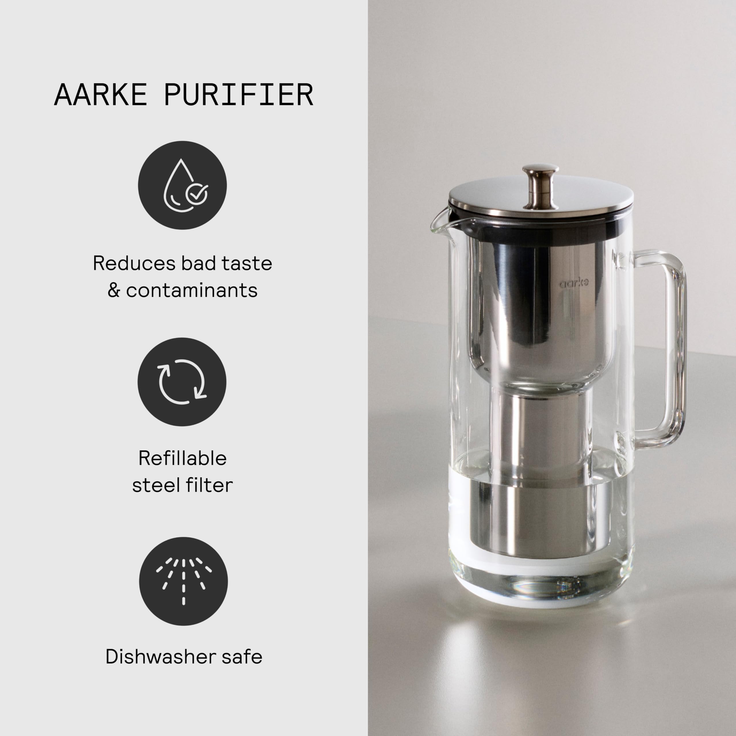 Aarke Purifier - Premium Glass and Stainless Steel Water Filter Pitcher, Refillable Filter System and Granules, 2.4L Pitcher with 1.18L Filtration Capacity