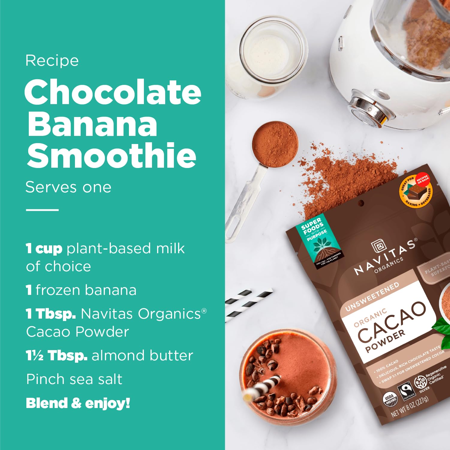 Navitas Organics Cacao Powder - Cocoa Powder Substitute 1:1, For Hot Chocolate, Baking & More - Regenerative Organic Certified, Non GMO, Fairtrade, Gluten Free, Non-alkalized (8oz. Bag, 38 Servings)