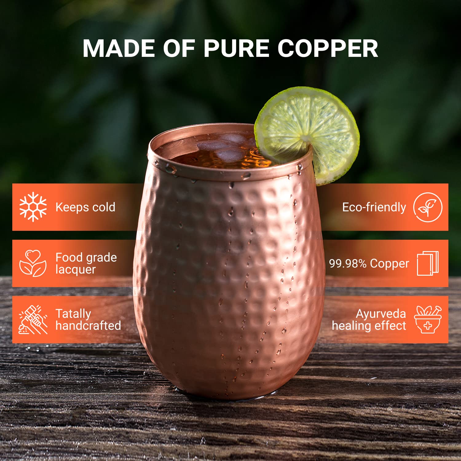 Mosscoff Copper wine glasses set of 4 – 17oz gleaming 100% solid hammered copper stemless wine cups – Valent for men and women – great copper tumblers for red or white wine and Moscow mules.