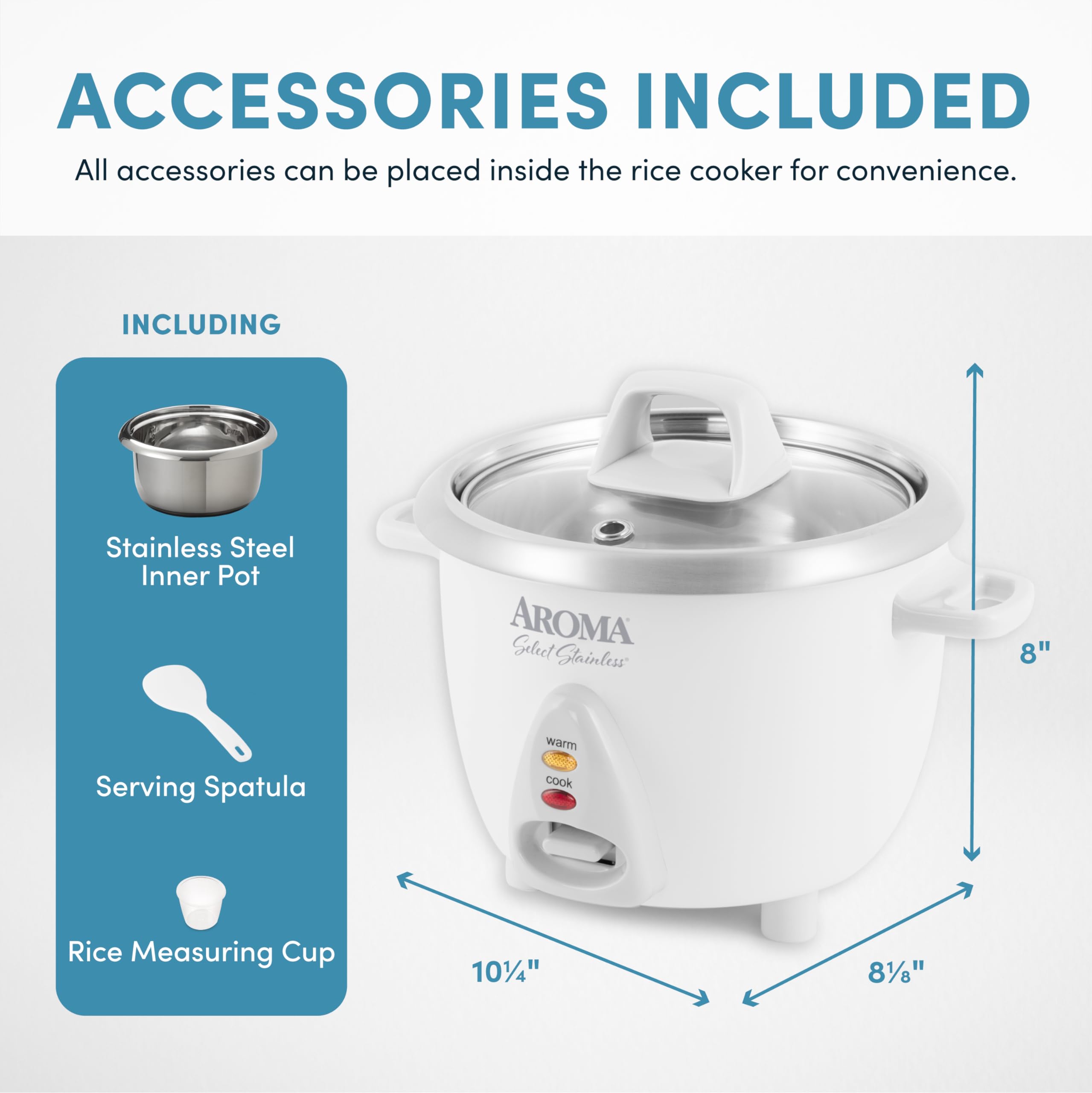 AROMA® Select Stainless® Rice Cooker, 3-Cup (Uncooked) / 6-Cup (Cooked), Stainless Steel Inner Pot, Small Rice Cooker, Auto Keep Warm, 1.2 Qt, White, ARC-753SG