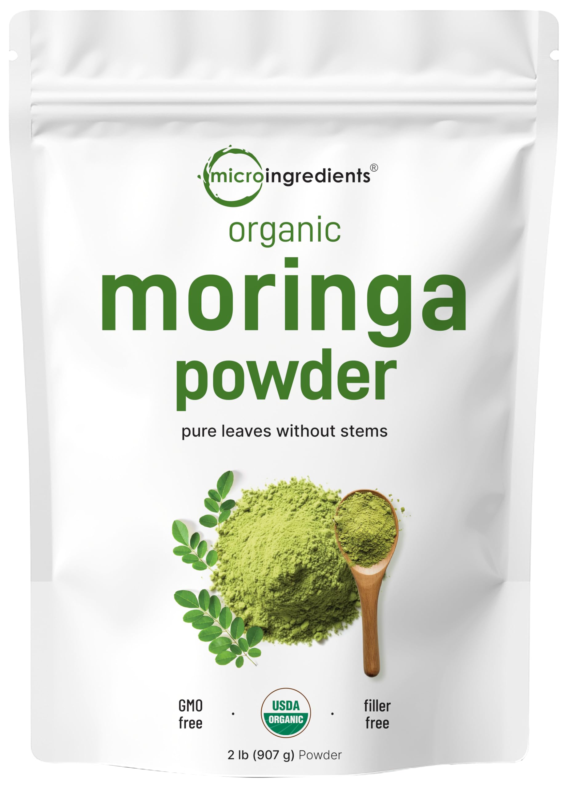 Micro Ingredients Organic Moringa Oleifera Leaf Powder, 2 Pound | Rich in Antioxidants & Immune Vitamins | Pure Leaves Without Stems | Great Superfoods for Tea or Drink | India Grown, Vegan