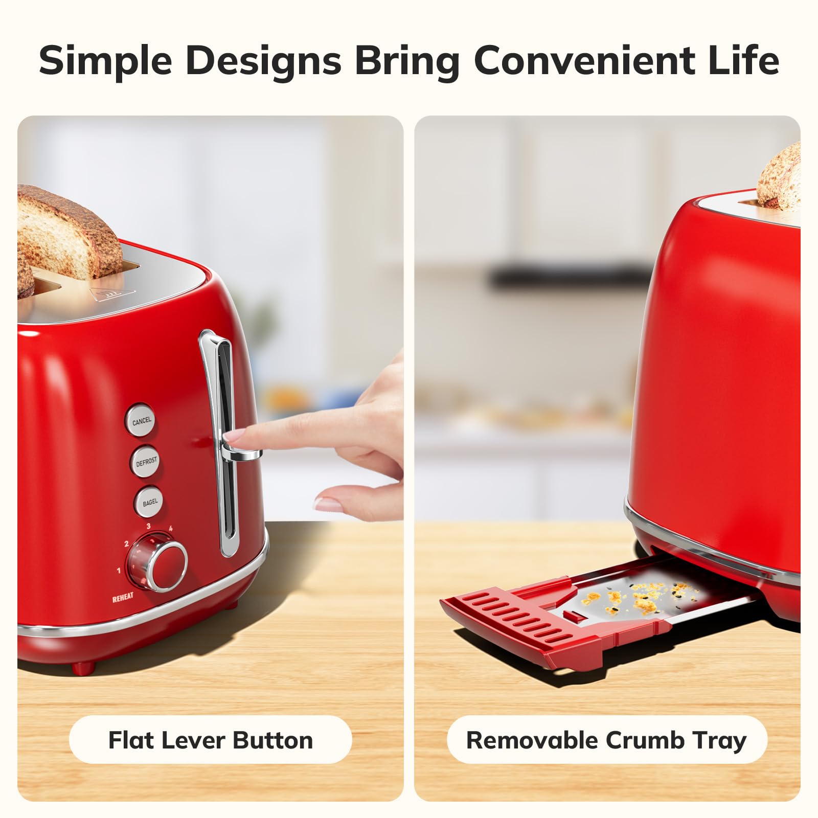 2 Slice Stainless Steel Toaster Retro with 6 Bread Shade Settings, Bagel, Cancel, Defrost Function, Extra Wide Slot, Removable Crumb Tray, Red