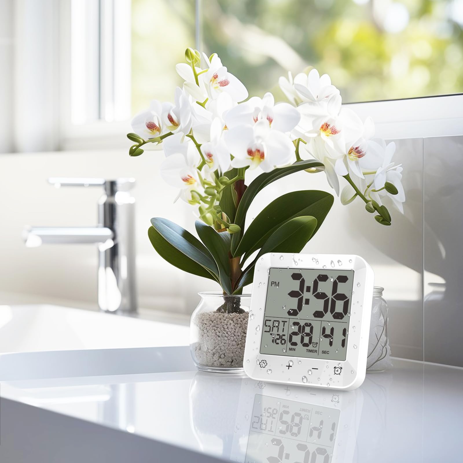 USAOSHOP Shower Clock Waterproof, Bathroom Kitchen Wall Clock Timer with Touch Screen, Temperature, Battery Operated, Suction Cup Hanging Hole Stand, White