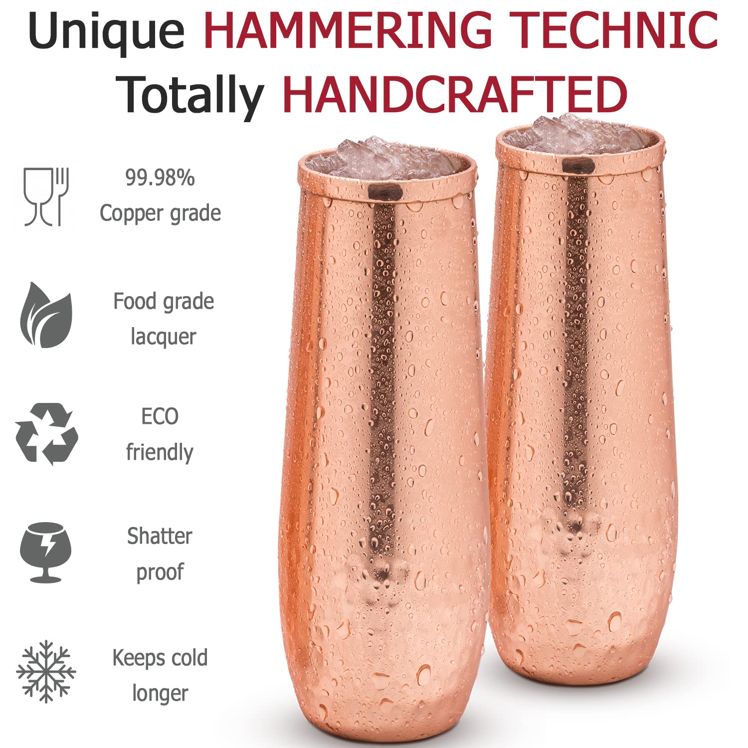 Copper flutes set of 4 - stemless shatterproof champagne flutes of solid copper - Moscow mule copper flute - 7th Copper Wedding